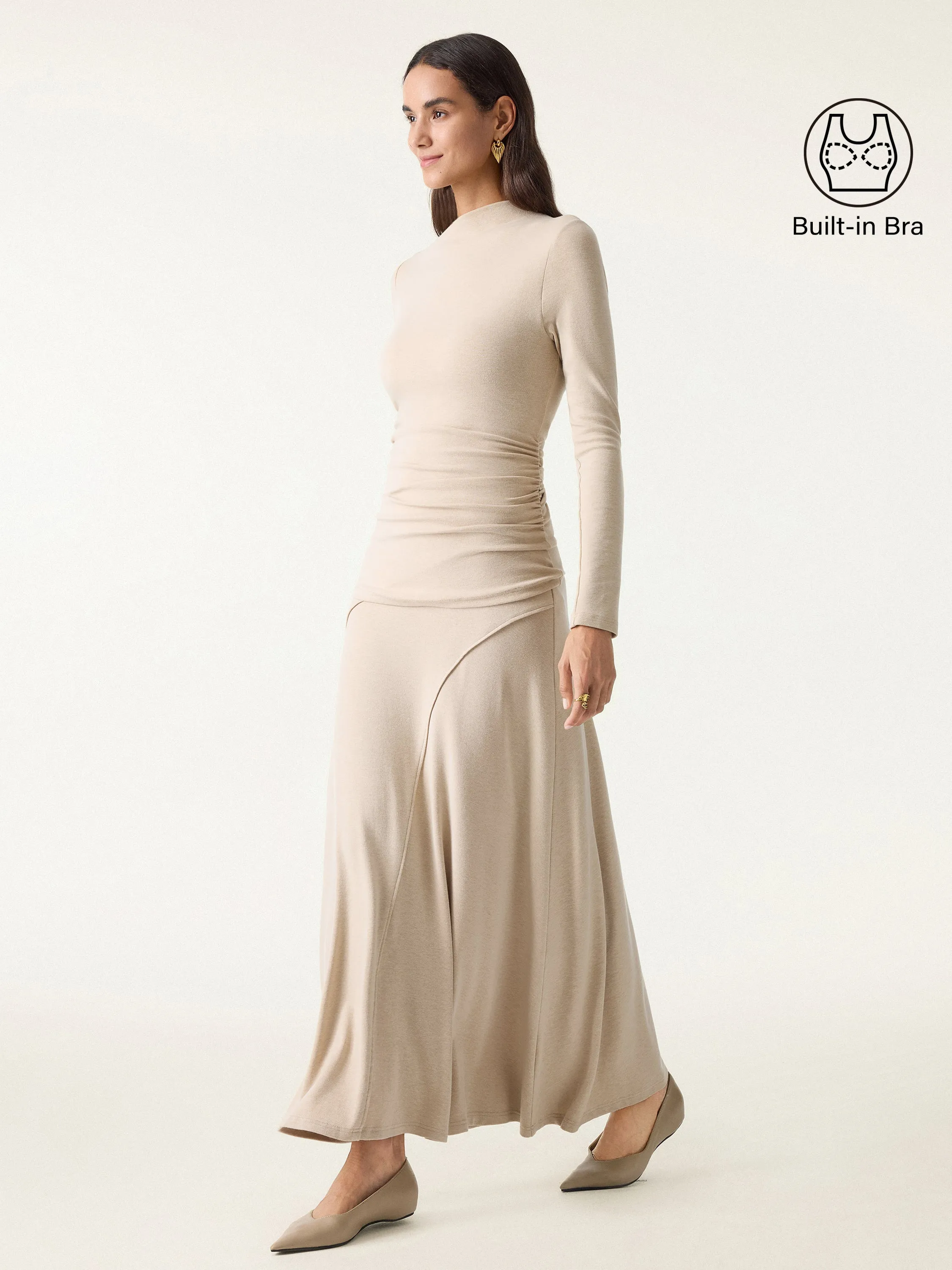 2Pcs Set Slanted Mockneck Ruched Brami & Mid Rise Pull-on Flared Maxi Skirt sold by OGLmove product image thumbnail 3