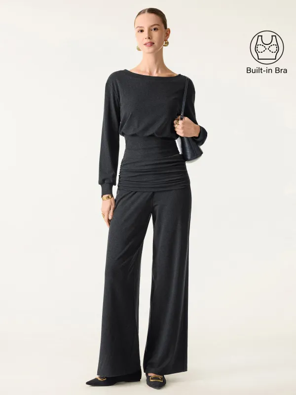 2Pcs Set Boatneck Brami & Drapey Wide Leg Pull-on Pants with Pockets sold by ogl move