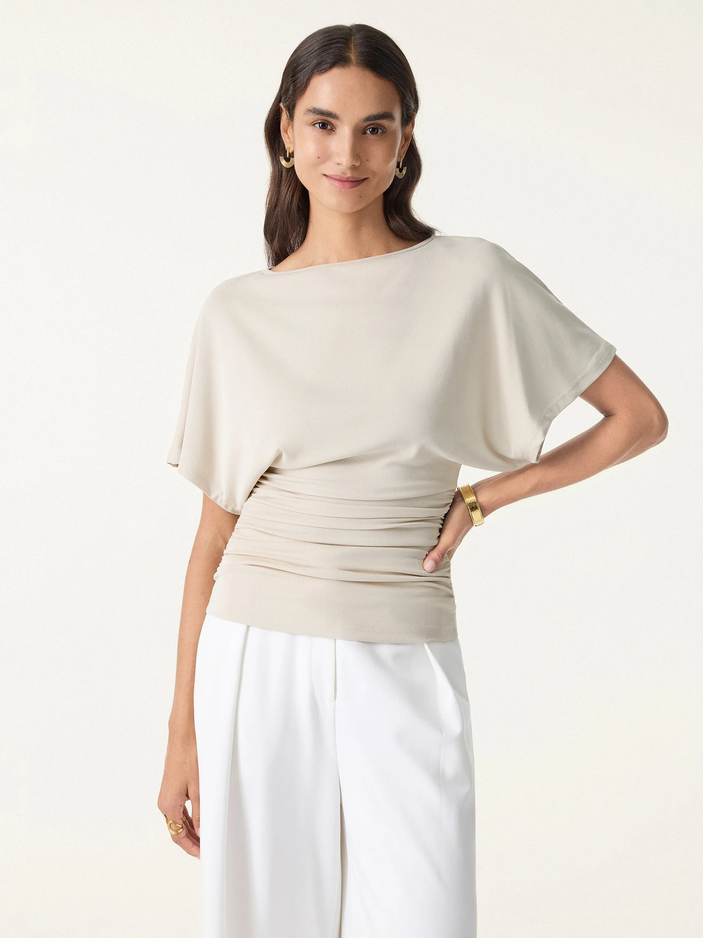 Effortless Boatneck Batwing Sleeve Side Ruched Top sold by OGLmove