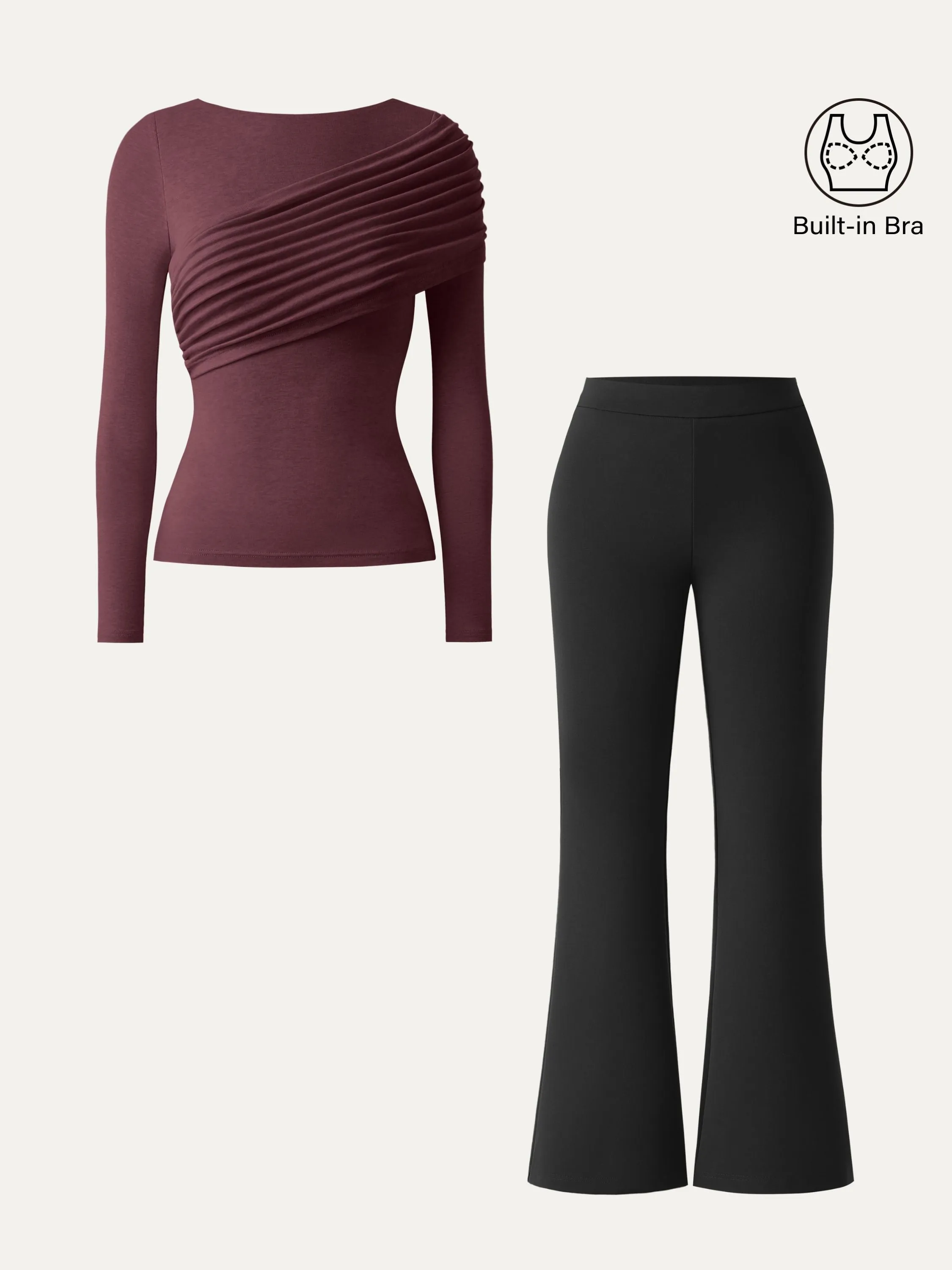 2Pcs Set Gathered Long Sleeve Brami & High Rise Pull-on Flared Petite Pants sold by ogl move product image thumbnail 3