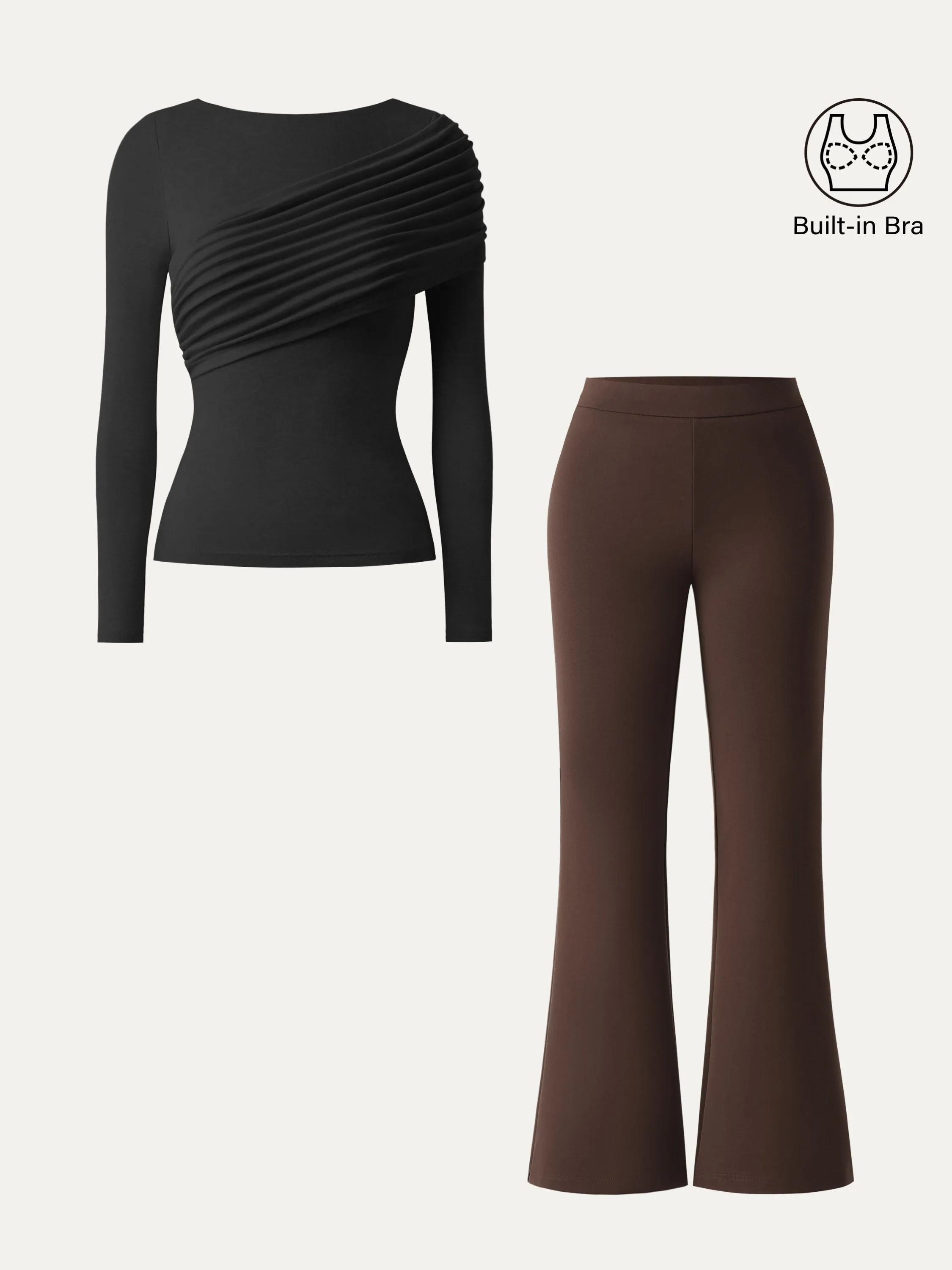 2Pcs Set Gathered Long Sleeve Brami & High Rise Pull-on Flared Petite Pants sold by ogl move product image thumbnail 4