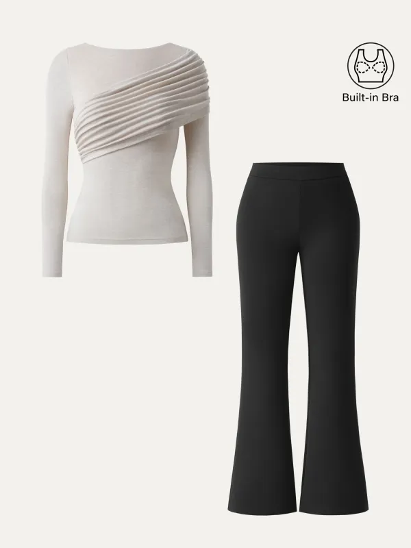 2Pcs Set Gathered Long Sleeve Brami & High Rise Pull-on Flared Petite Pants sold by ogl move
