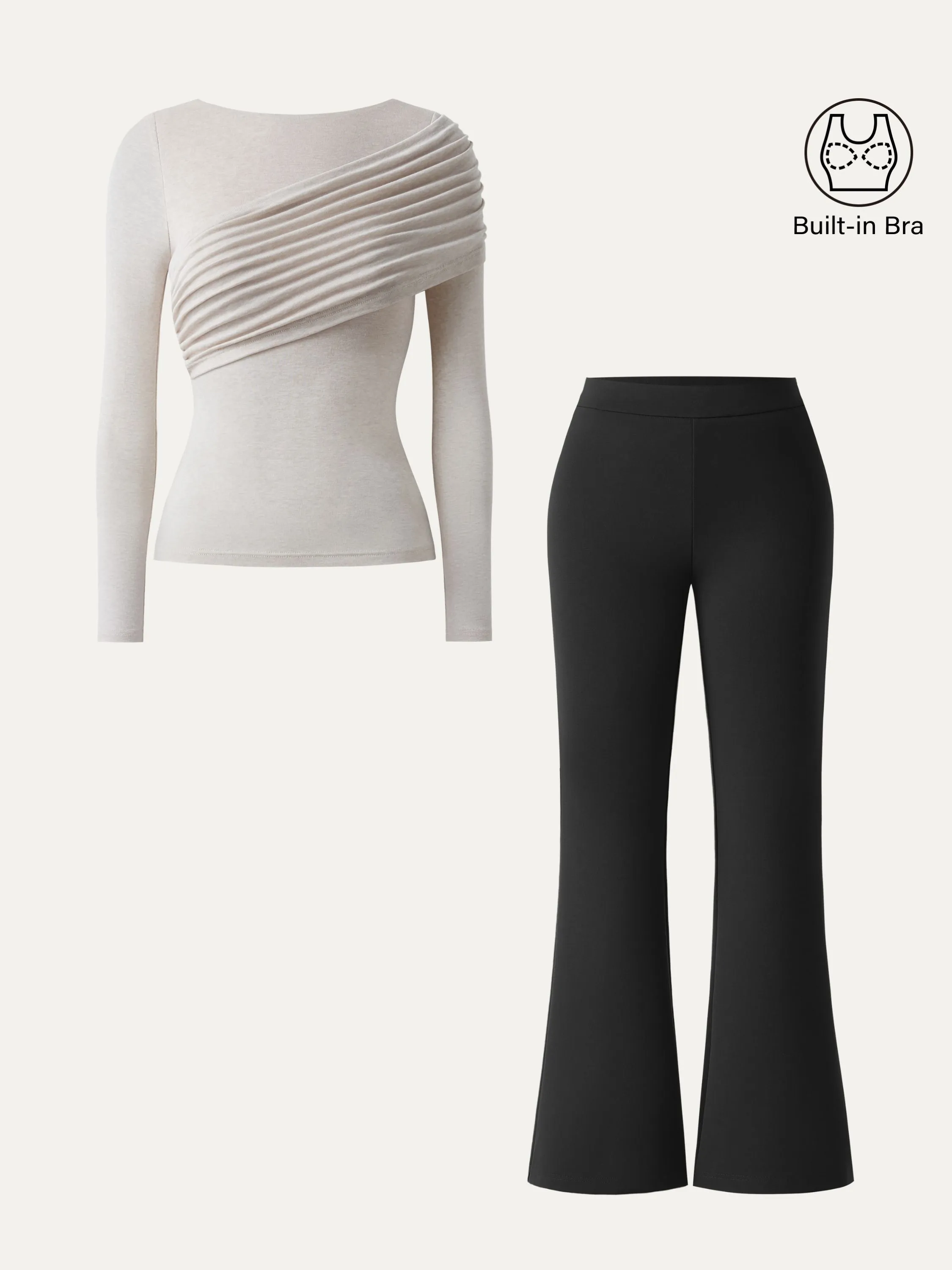2Pcs Set Gathered Long Sleeve Brami & High Rise Pull-on Flared Petite Pants sold by ogl move