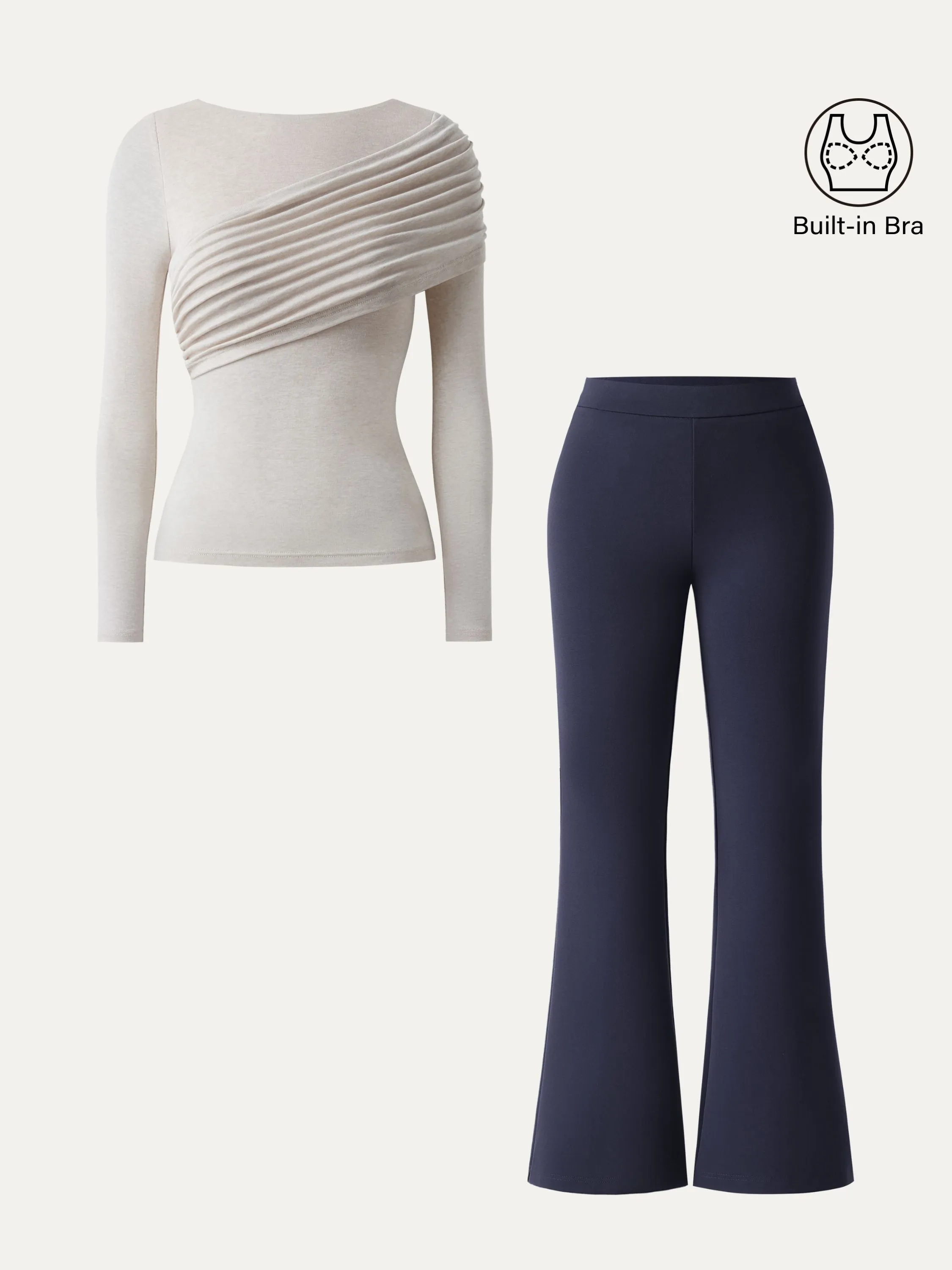 2Pcs Set Gathered Long Sleeve Brami & High Rise Pull-on Flared Petite Pants sold by ogl move product image thumbnail 2