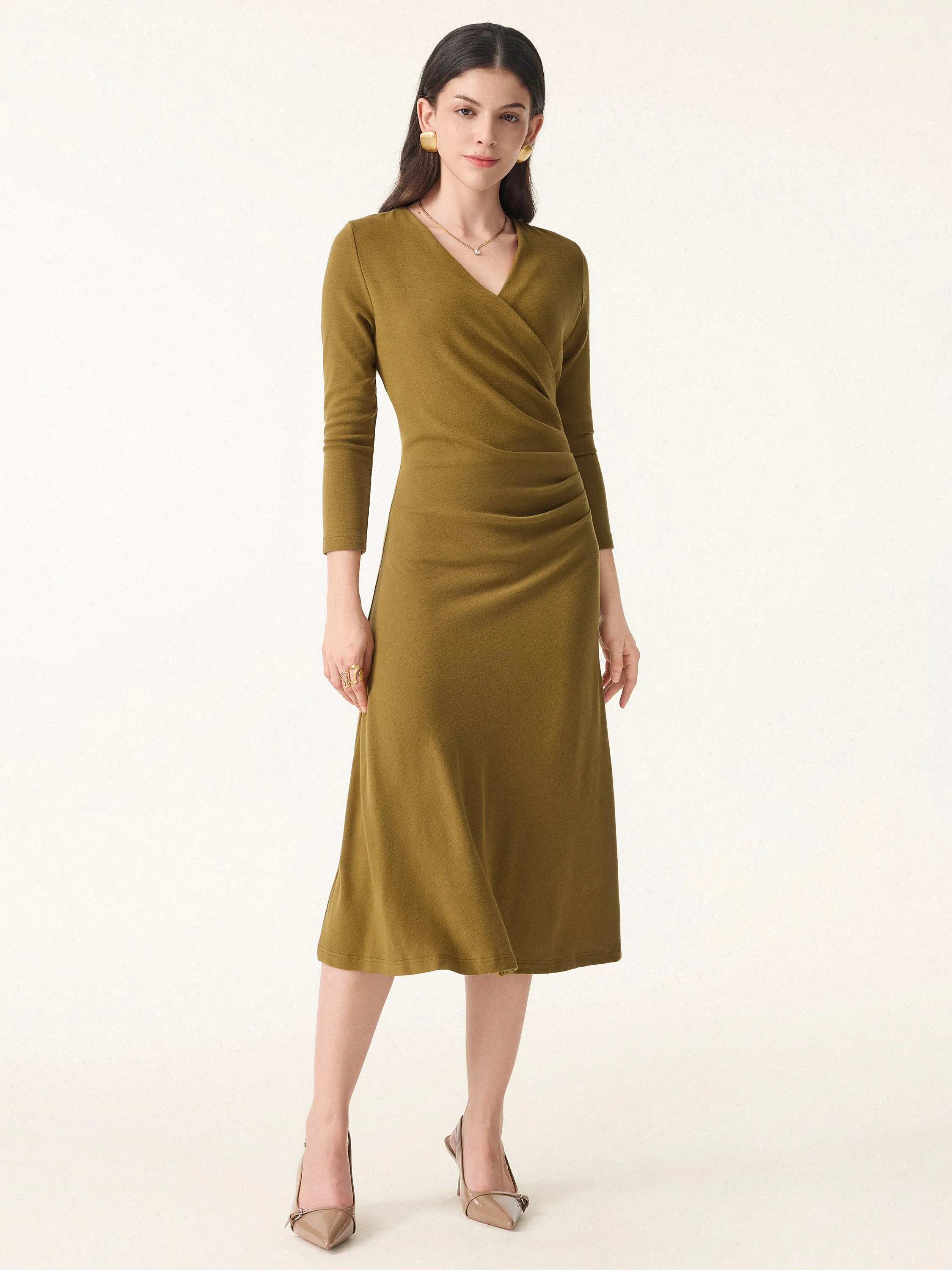 Slimming Surplice 3/4 Sleeve Midi Dress sold by OGLmove