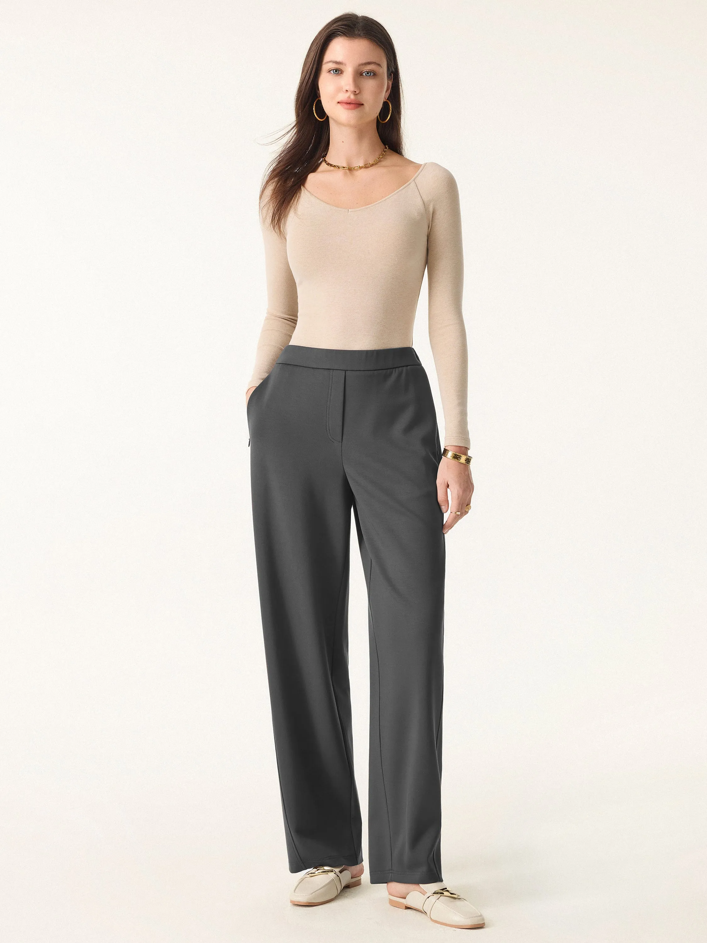 4-way Stretch Mid Rise Barrel Leg Pull-on Pants with Pockets sold by ogl move product image thumbnail 4