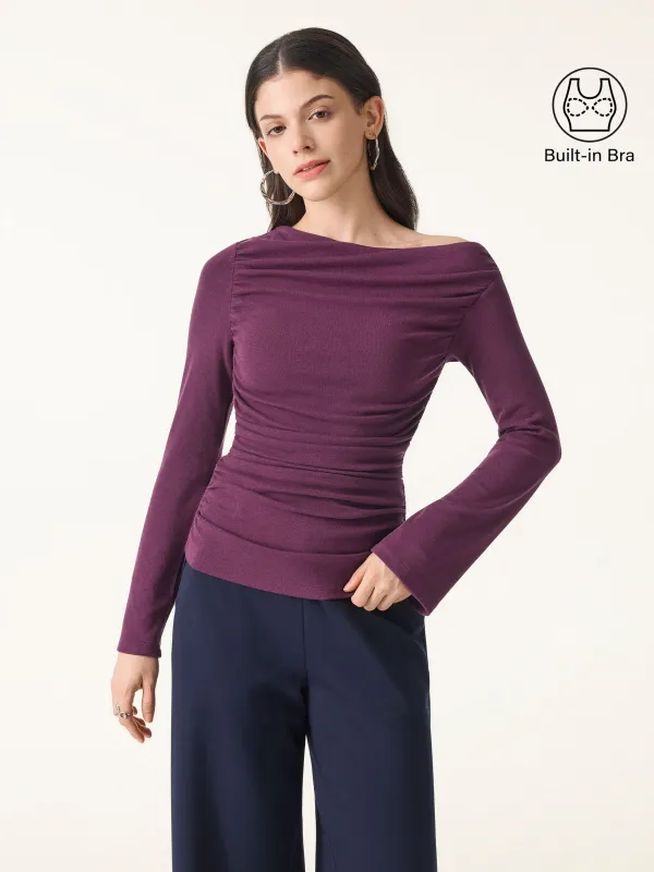 Slanted Shoulder Bell Sleeve Ruched Brami Top sold by ogl move