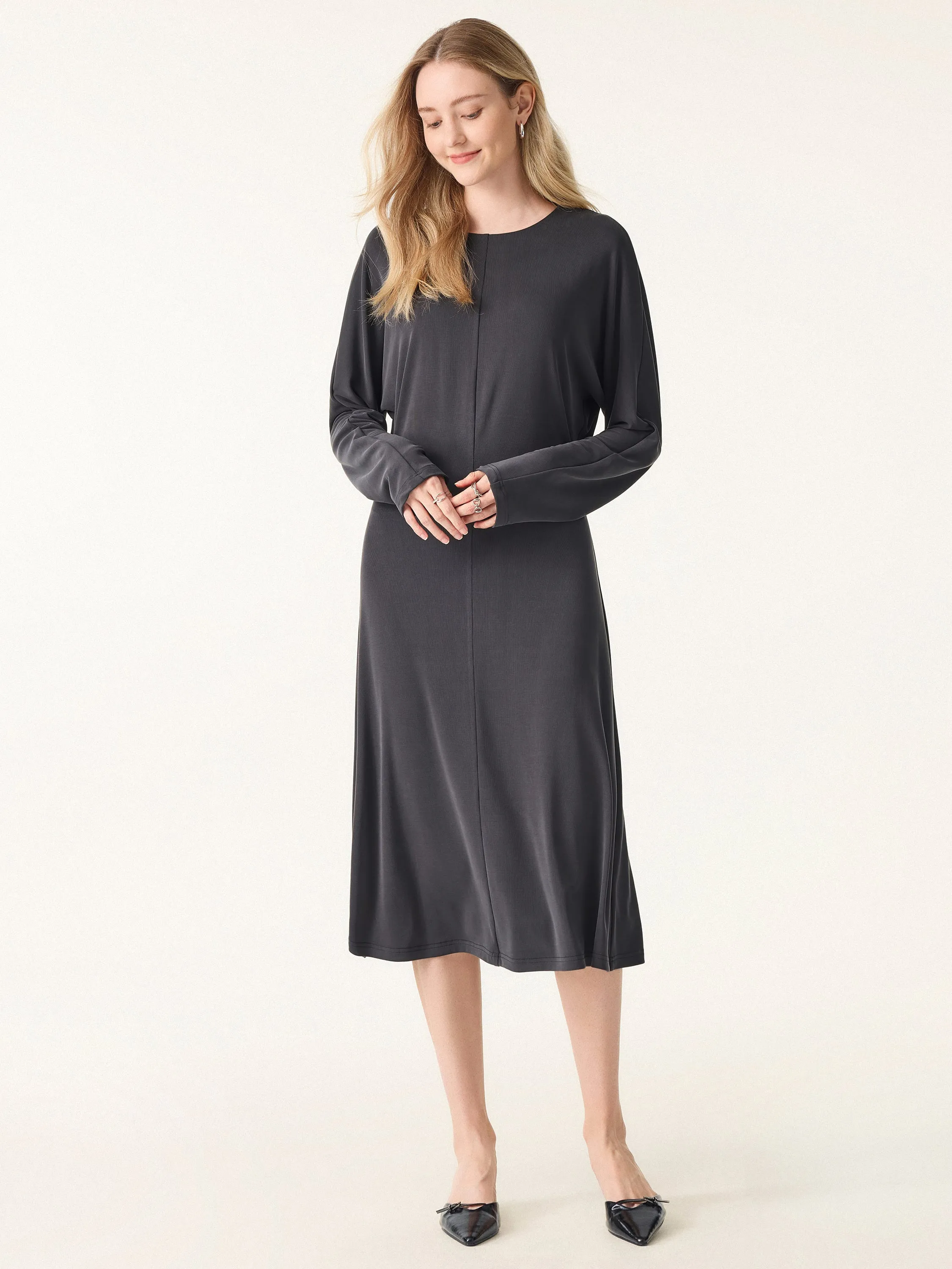 Sandwashed Round Neck Batwing Sleeve Midi Dress sold by ogl move product image thumbnail 4