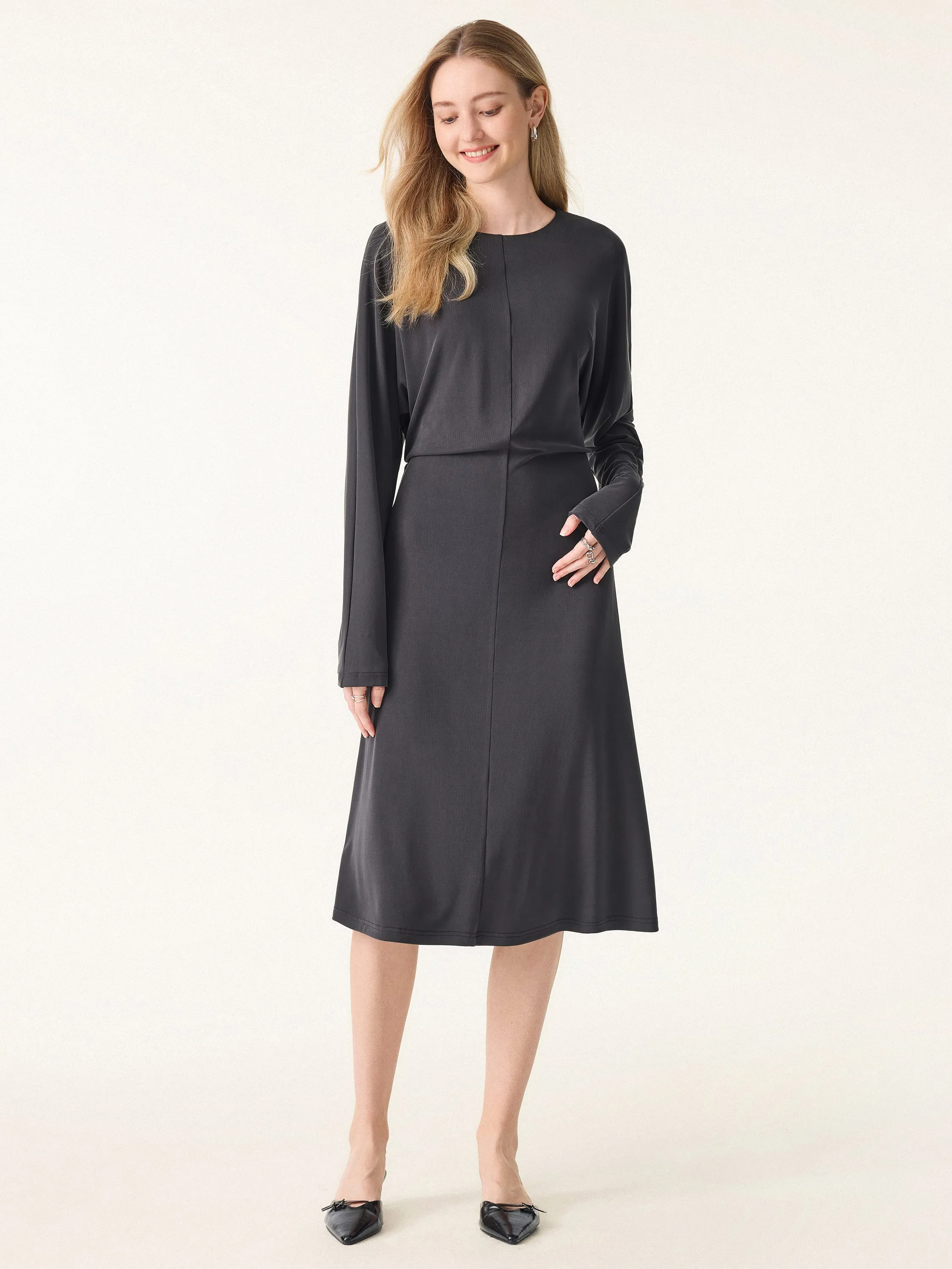 Sandwashed Round Neck Batwing Sleeve Midi Dress sold by ogl move product image thumbnail 2