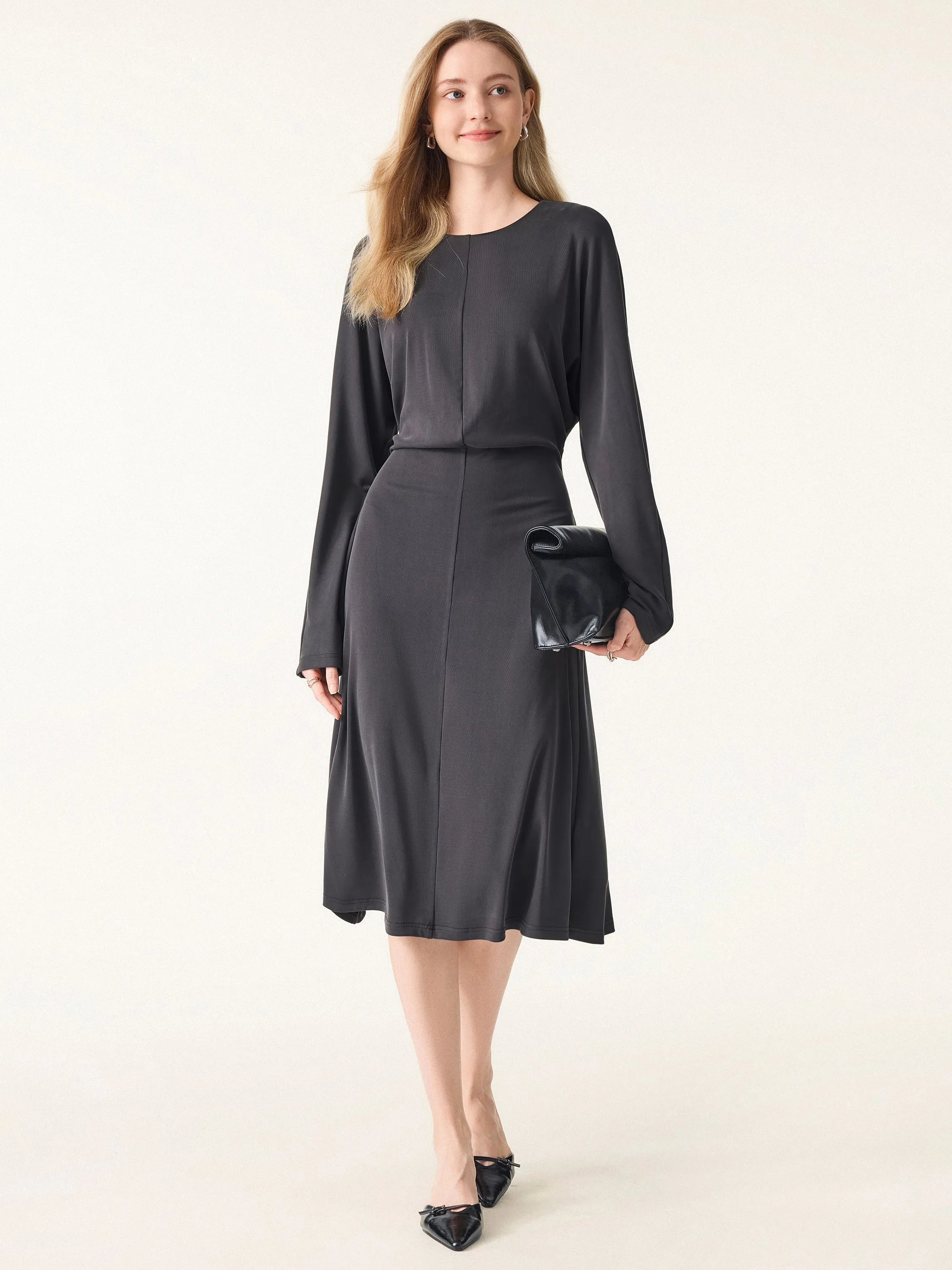 Sandwashed Round Neck Batwing Sleeve Midi Dress sold by ogl move product image thumbnail 3