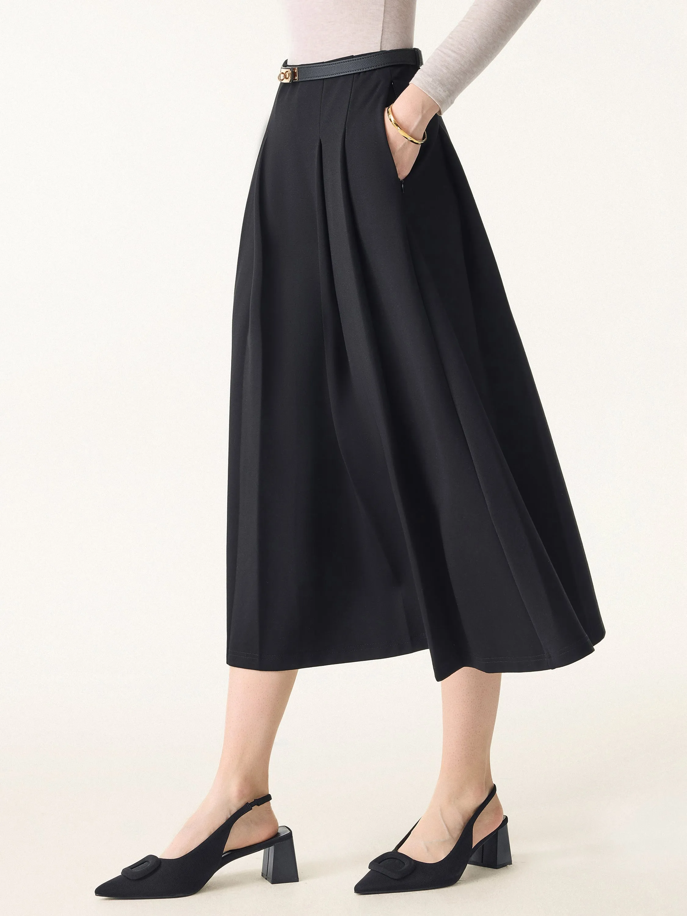 Wrinkle-Resistant A-line Tucked Pull-on Midi Skirt with Pockets sold by OGLmove product image thumbnail 4