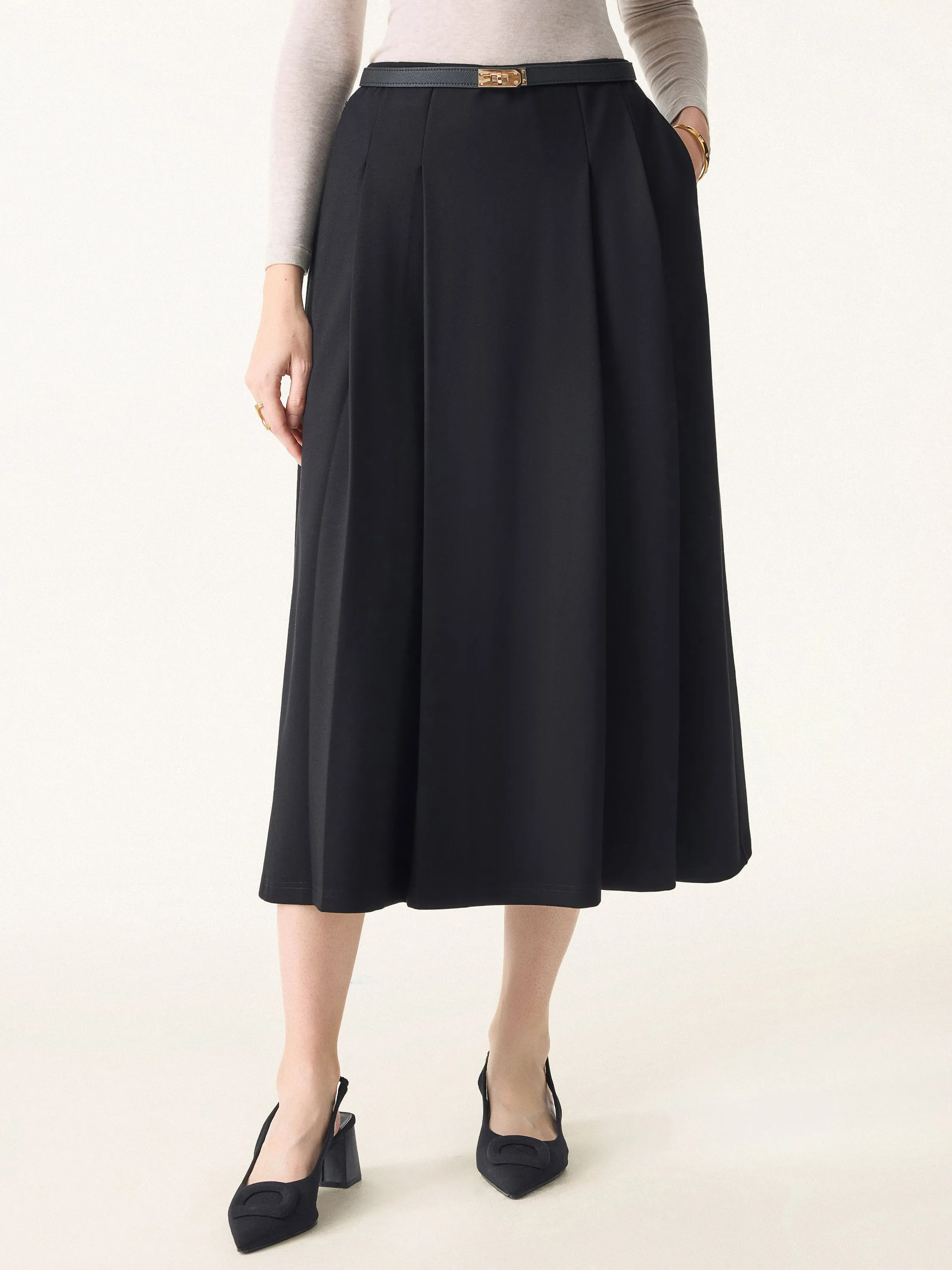Wrinkle-Resistant A-line Tucked Pull-on Midi Skirt with Pockets sold by OGLmove product image thumbnail 3