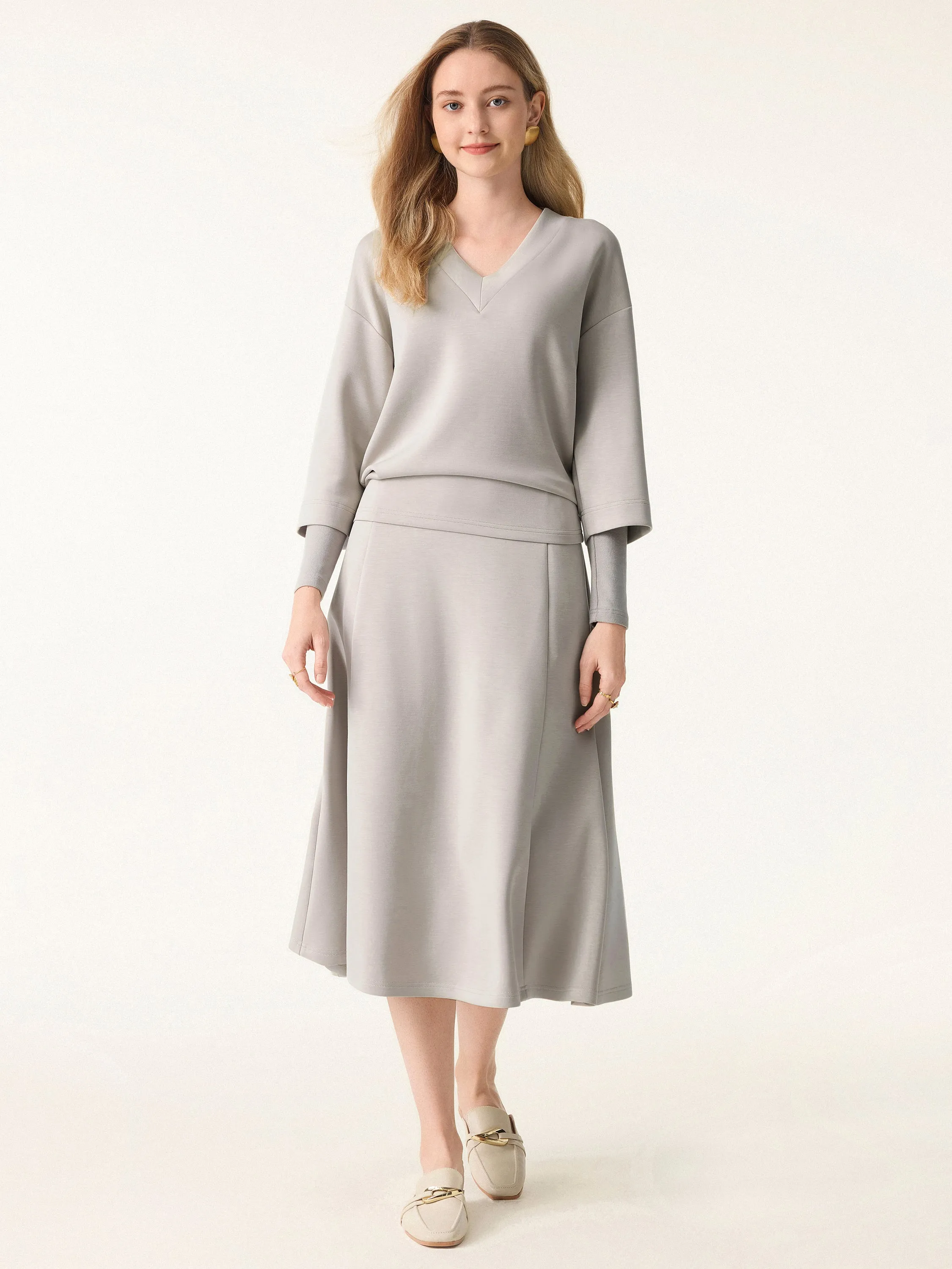 2Pcs Set V-neck Top with Sleeve Warmers & Mid Rise Flared Midi Skirt with Pockets sold by ogl move