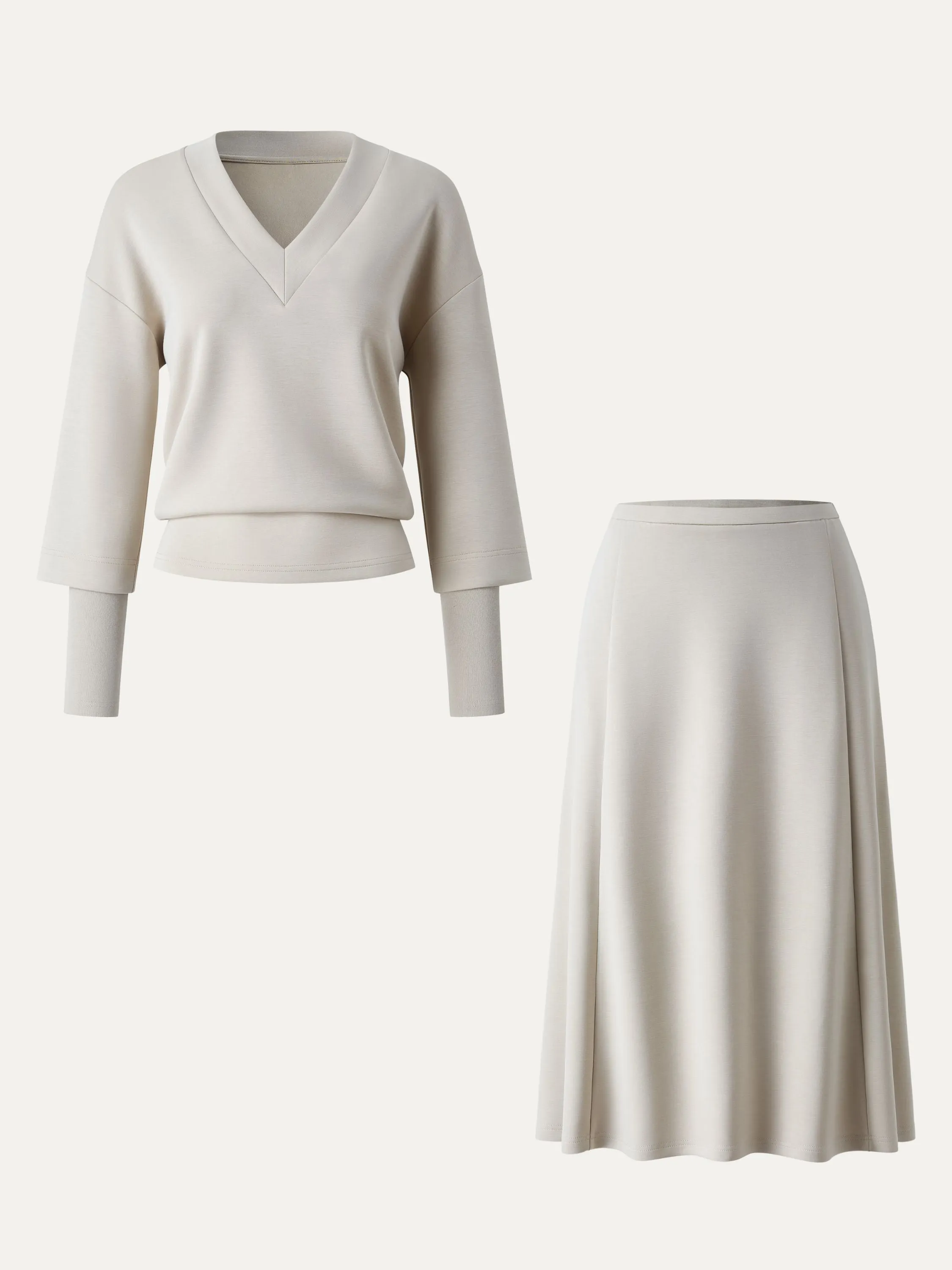 2Pcs Set V-neck Top with Sleeve Warmers & Mid Rise Flared Midi Skirt with Pockets sold by ogl move product image thumbnail 4