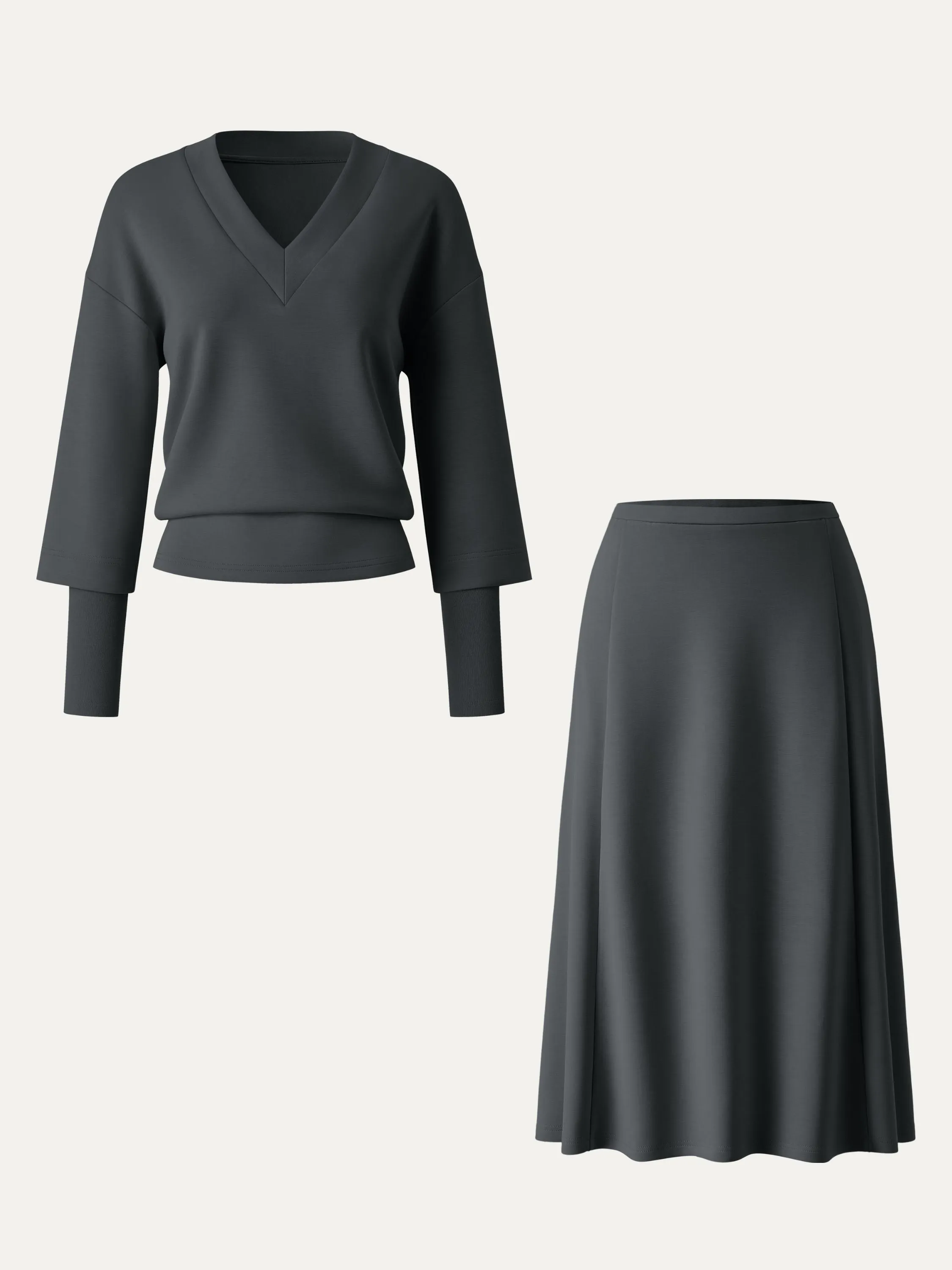 2Pcs Set V-neck Top with Sleeve Warmers & Mid Rise Flared Midi Skirt with Pockets sold by ogl move product image thumbnail 5