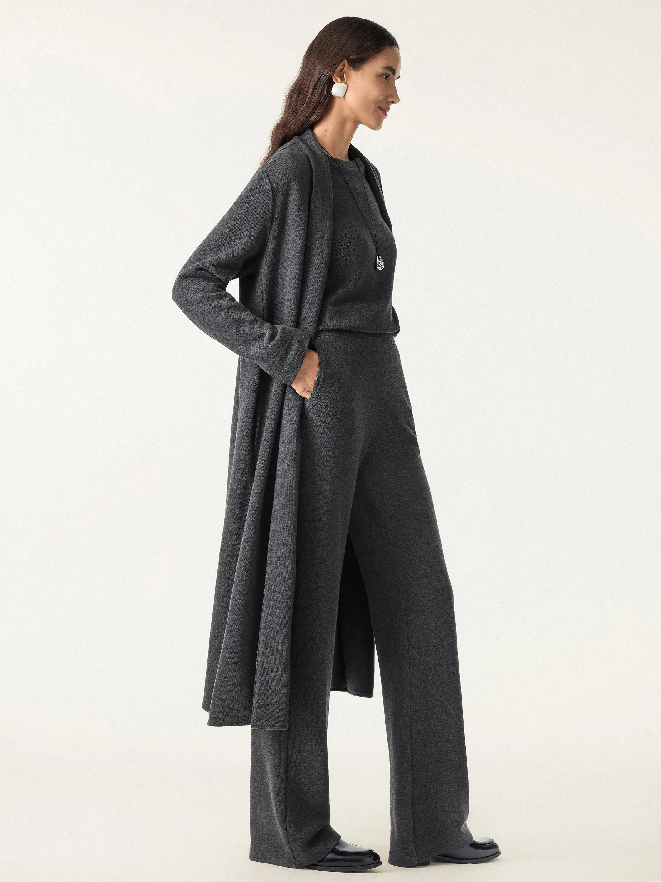 3Pcs Set Shawl Collar Cardigan & Crew Neck Top & Mid Rise Straight Leg Pants sold by OGLmove