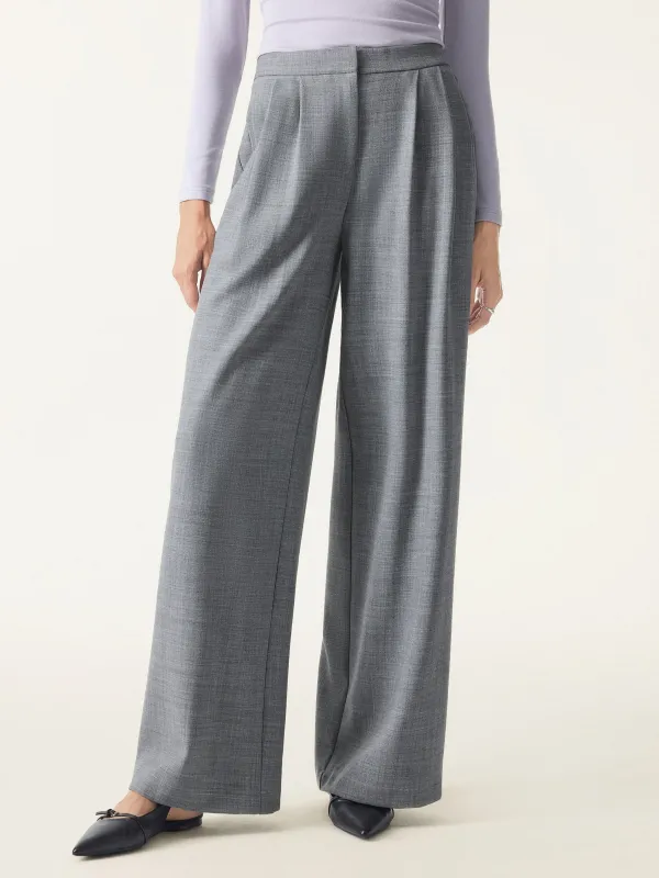 4-way Stretch Wool Mid Rise Pleated Wide Leg Trousers with Pockets sold by OGLmove