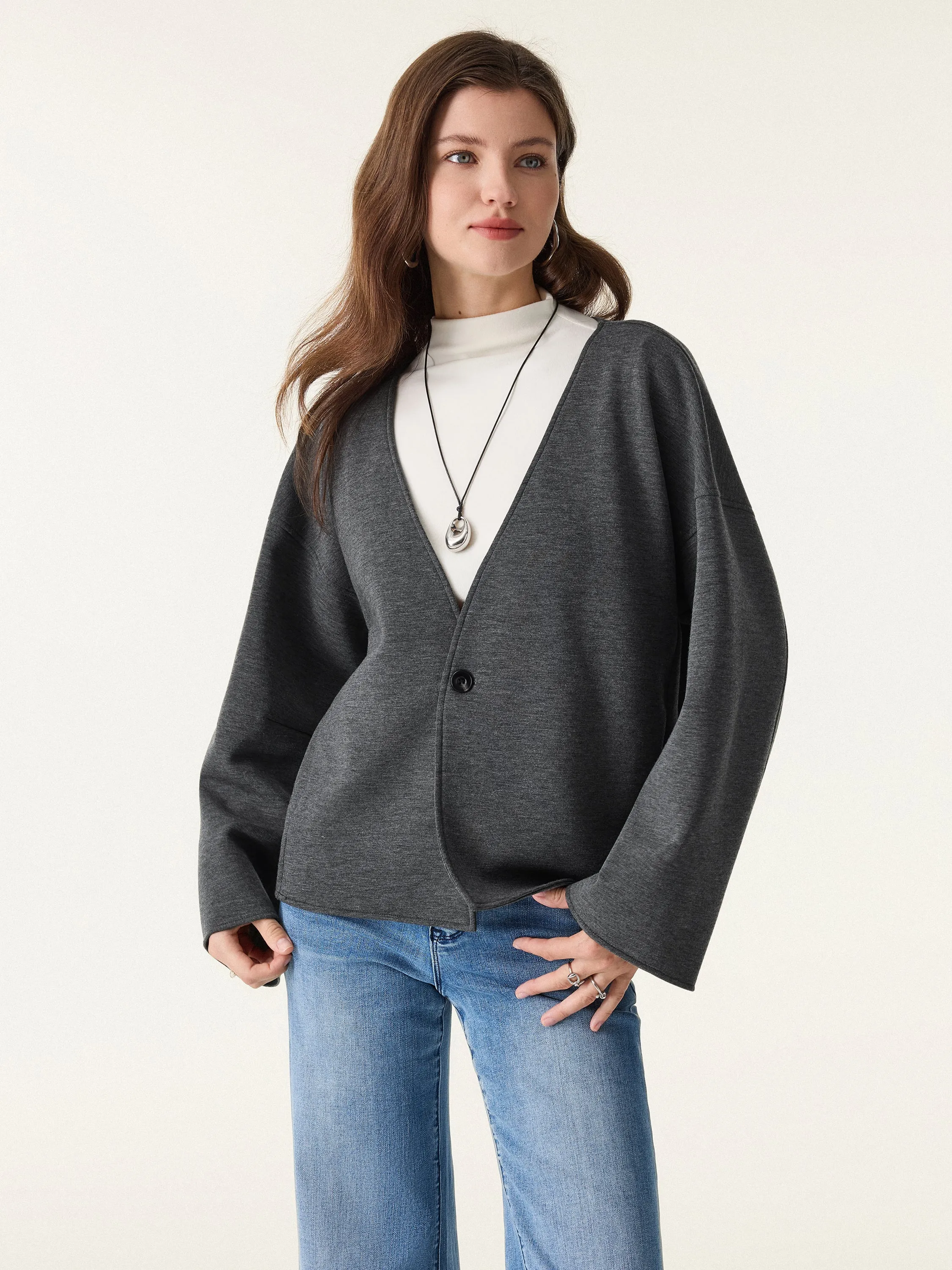 Cozy Structured V-Neck Spacer Knit Jacket with Pockets sold by ogl move product image thumbnail 4