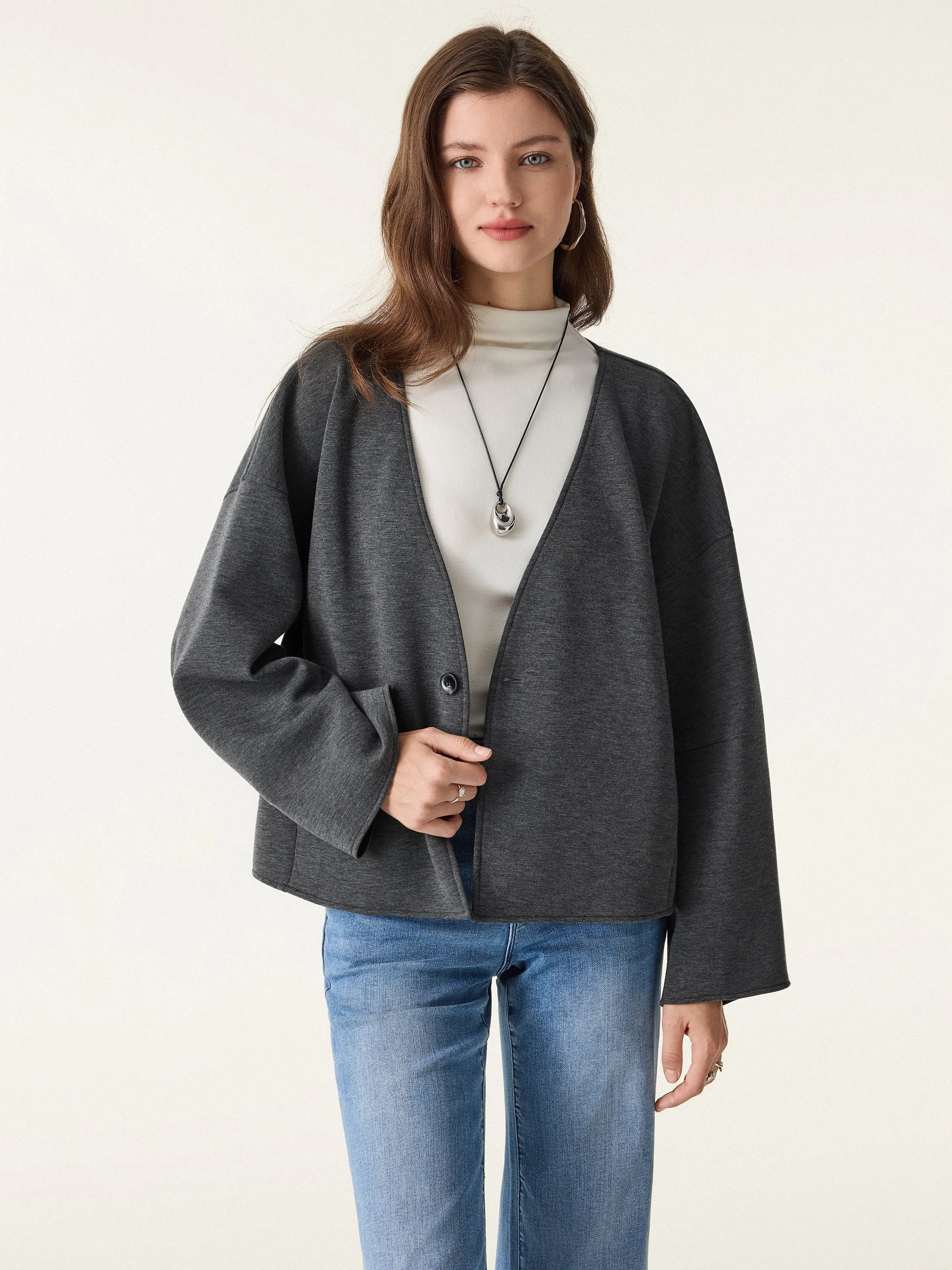 Cozy Structured V-Neck Spacer Knit Jacket with Pockets sold by ogl move product image thumbnail 5