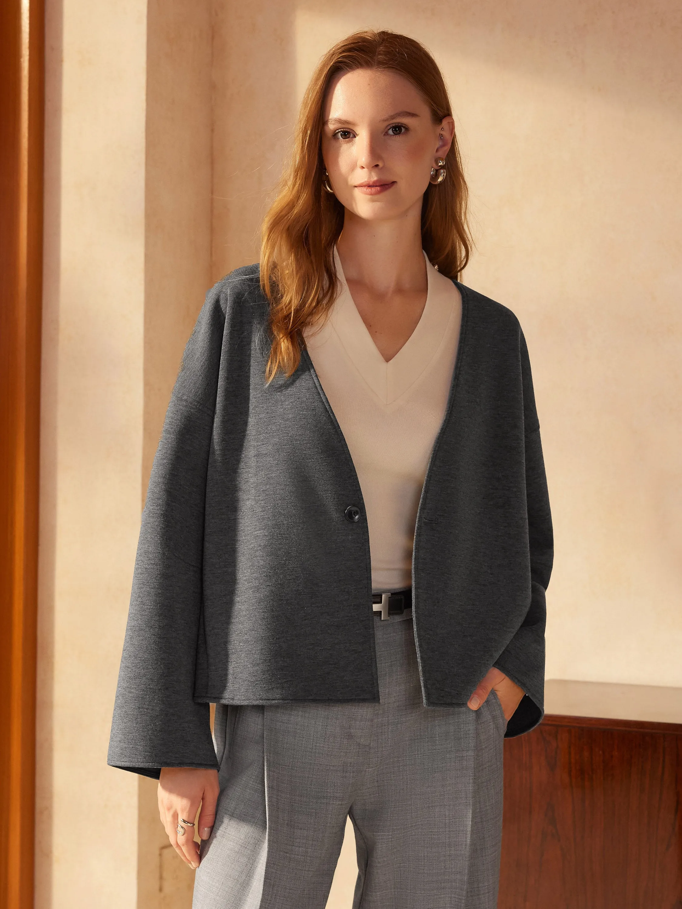 Cozy Structured V-Neck Spacer Knit Jacket with Pockets sold by ogl move product image thumbnail 3