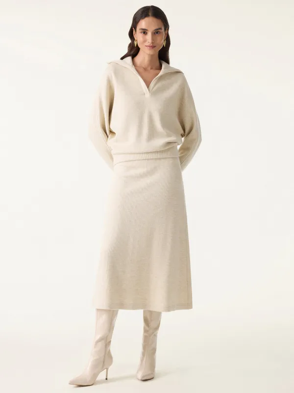 2Pcs Set Collared V-Neck Batwing Sleeve Pullover & Ribbed Midi Pull-on Skirt sold by ogl move