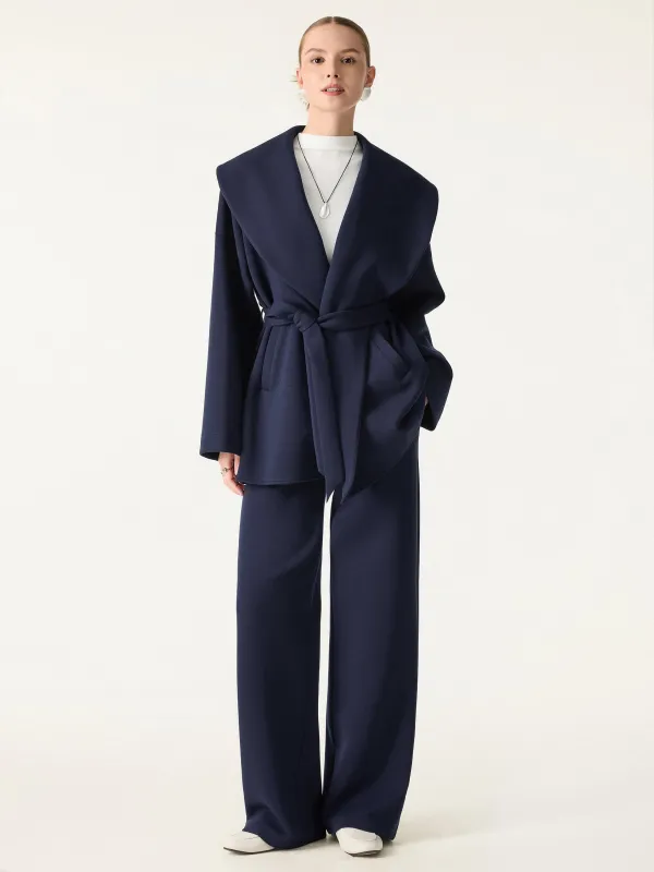 2Pcs Set Belted Shawl Collar Robe Jacket & Mid Rise Straight Pants with Pockets sold by OGLmove