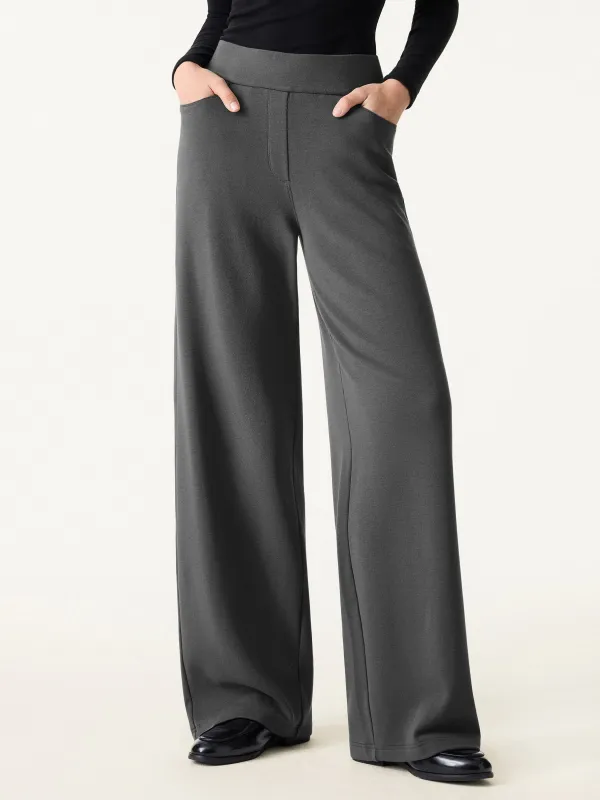 Mid Rise Wide Waistband Wide Leg Pull-on Pants with Pockets sold by ogl move