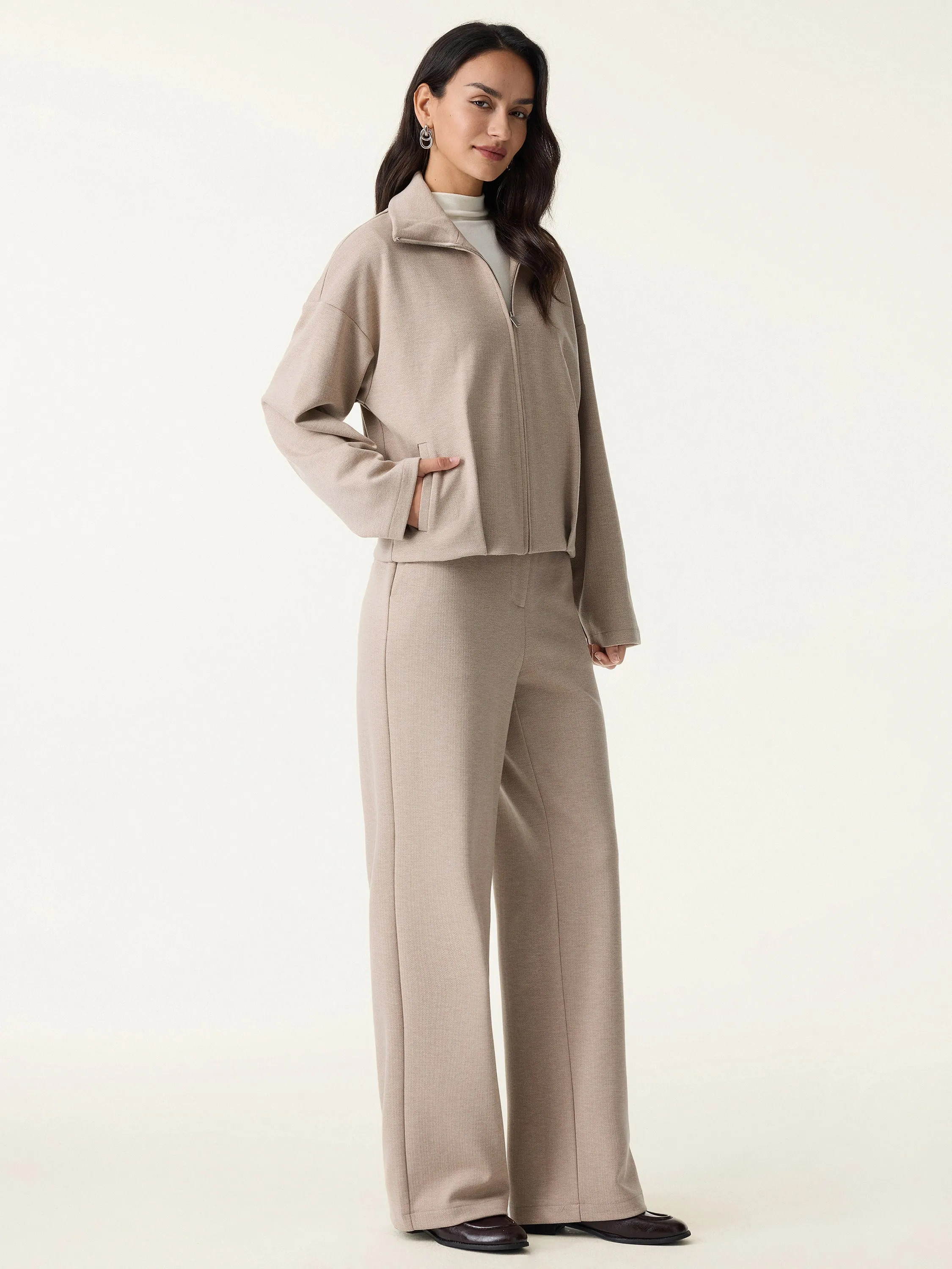 2Pcs Set Textured Full Zip Jacket & Mid Rise Straight Leg Pants with Pockets sold by OGLmove product image thumbnail 2