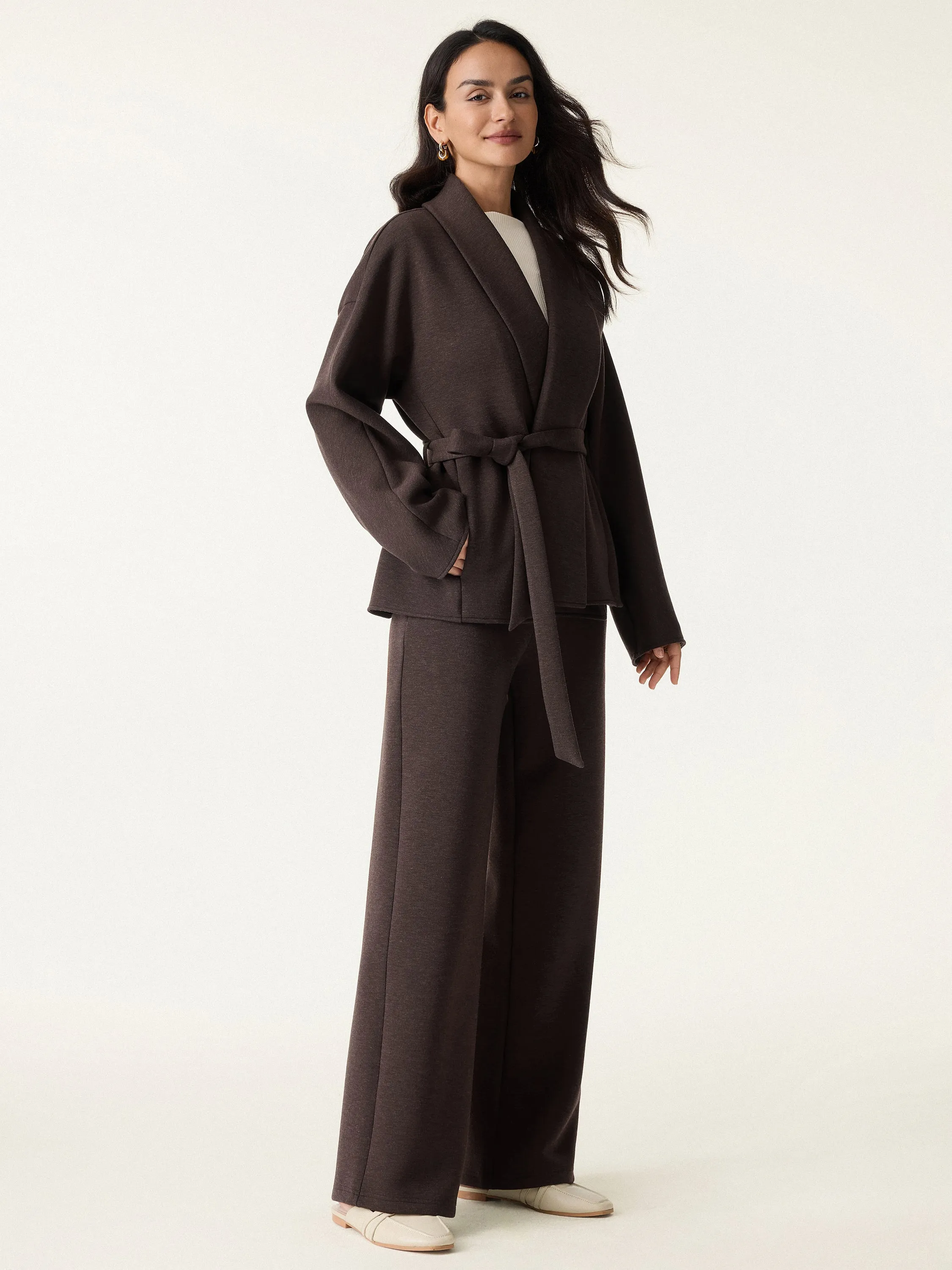 2Pcs Set Shawl Belted Outerwear & High Rise Straight Pull-on Pants with Pockets sold by OGLmove product image thumbnail 2