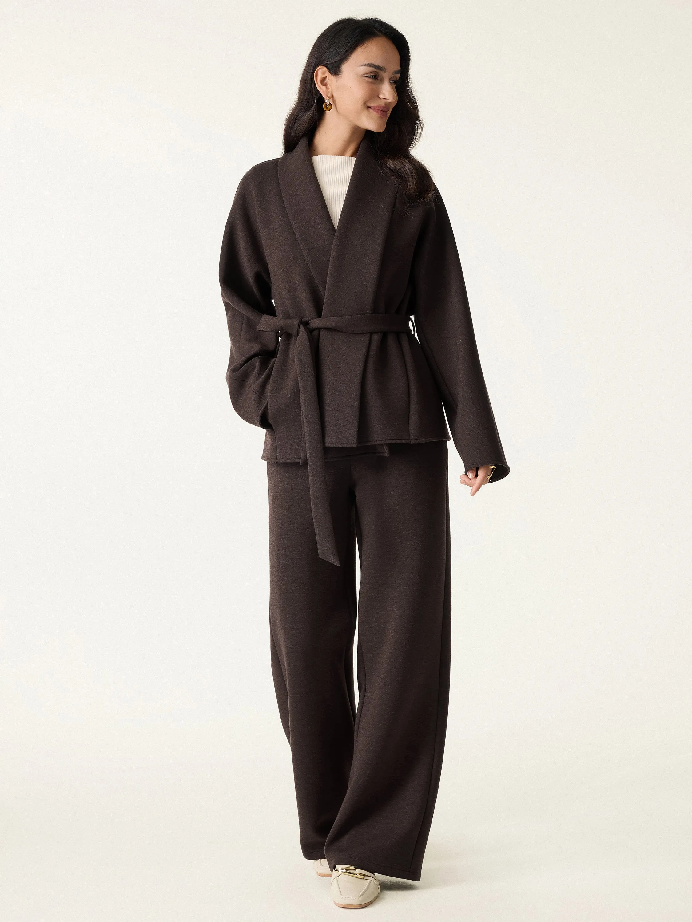 2Pcs Set Shawl Belted Outerwear & High Rise Straight Pull-on Pants with Pockets sold by OGLmove product image thumbnail 4