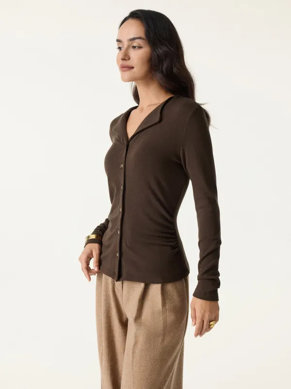 Flapped V-neck Button Front Side Ruched Top sold by ogl move