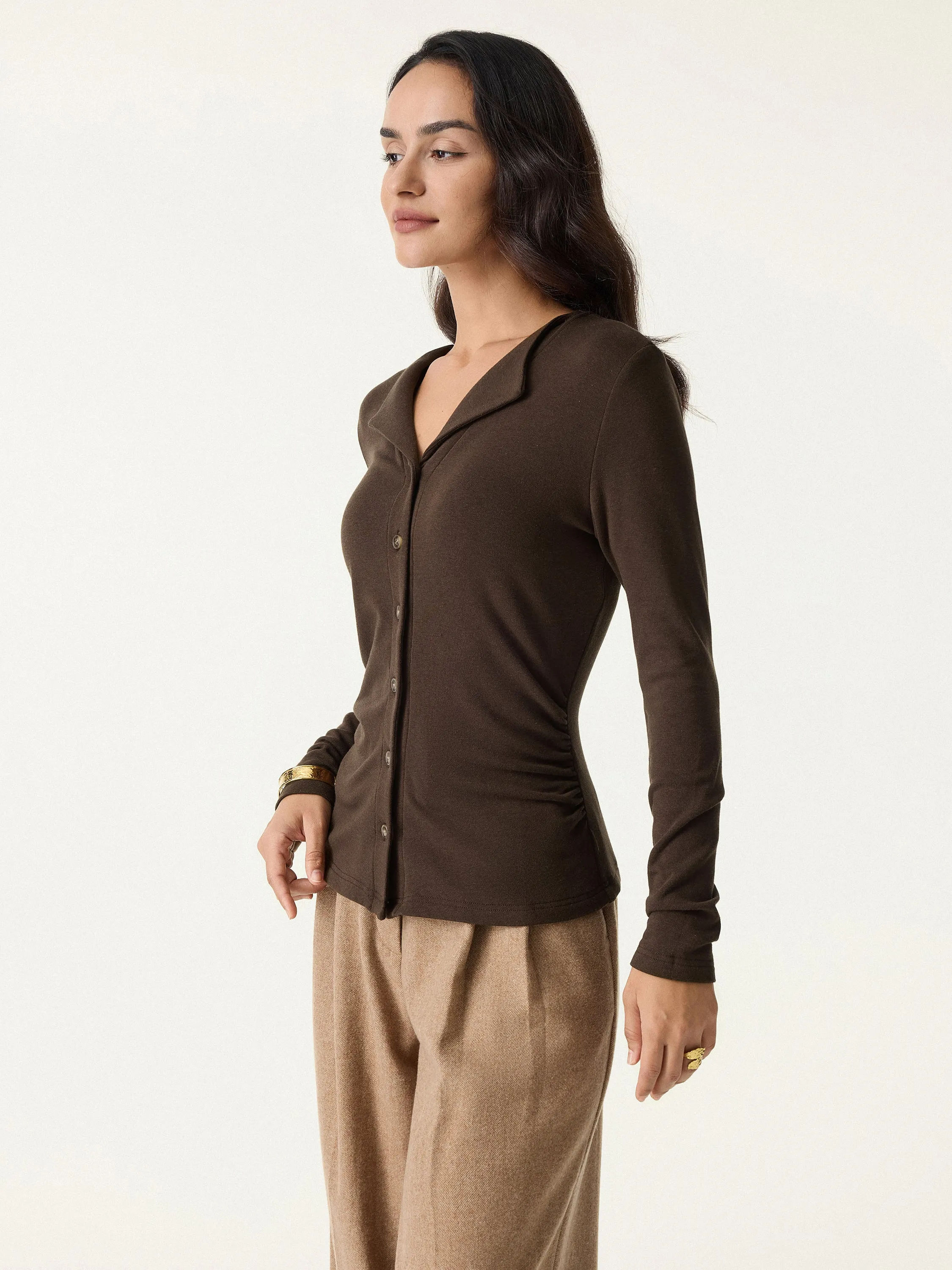 Flapped V-neck Button Front Side Ruched Top sold by OGLmove