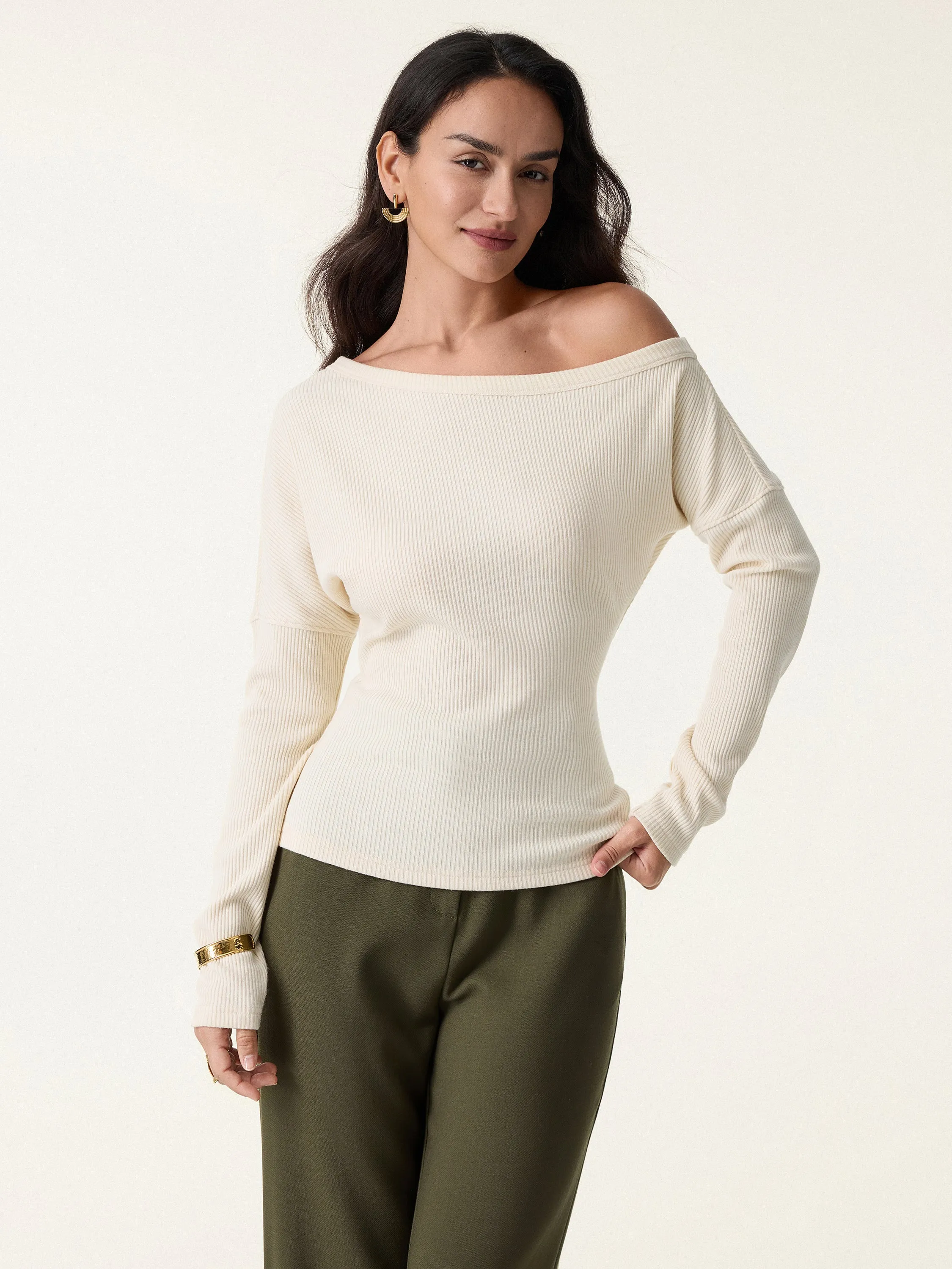 Ribbed Asymmetrical Neckline Long Sleeve Top sold by OGLmove product image thumbnail 3