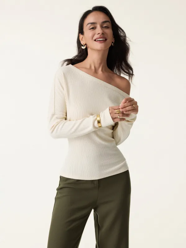 Ribbed Asymmetrical Neckline Long Sleeve Top sold by OGLmove