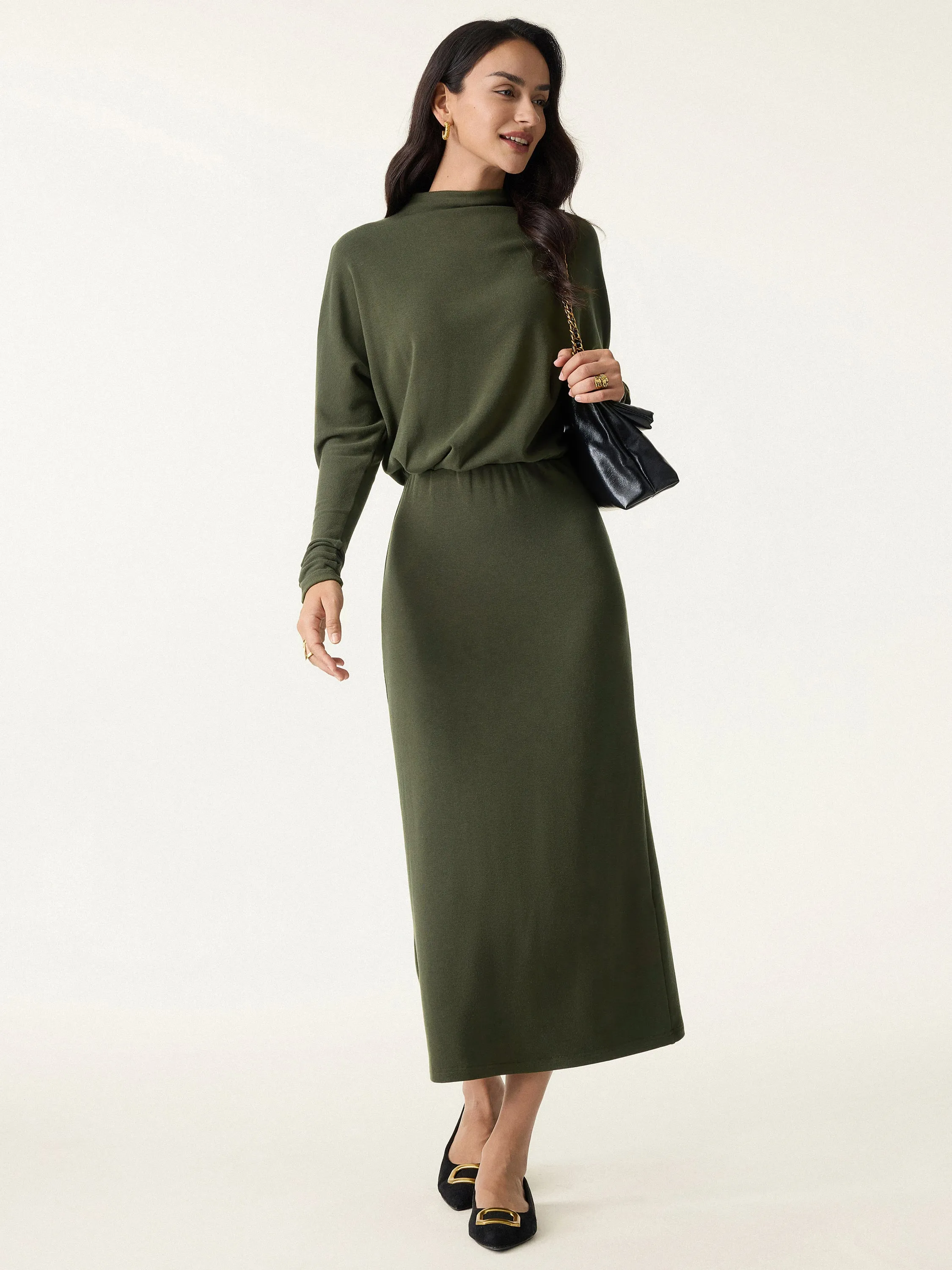 Mockneck Batwing Sleeve Cinched Waist Midi Dress sold by OGLmove product image thumbnail 3