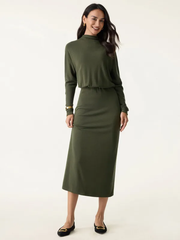Mockneck Batwing Sleeve Cinched Waist Midi Dress sold by OGLmove