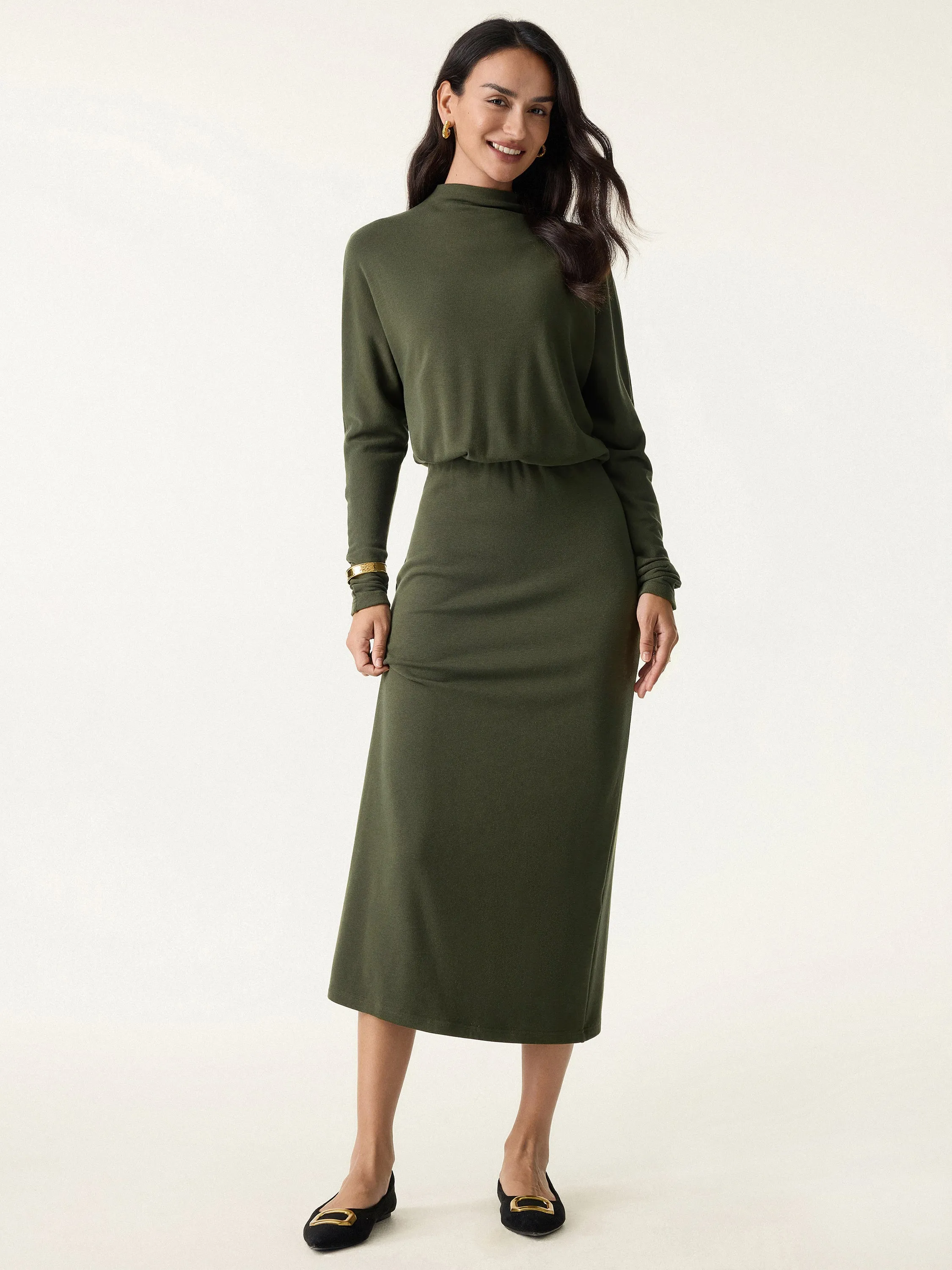 Mockneck Batwing Sleeve Cinched Waist Midi Dress sold by OGLmove