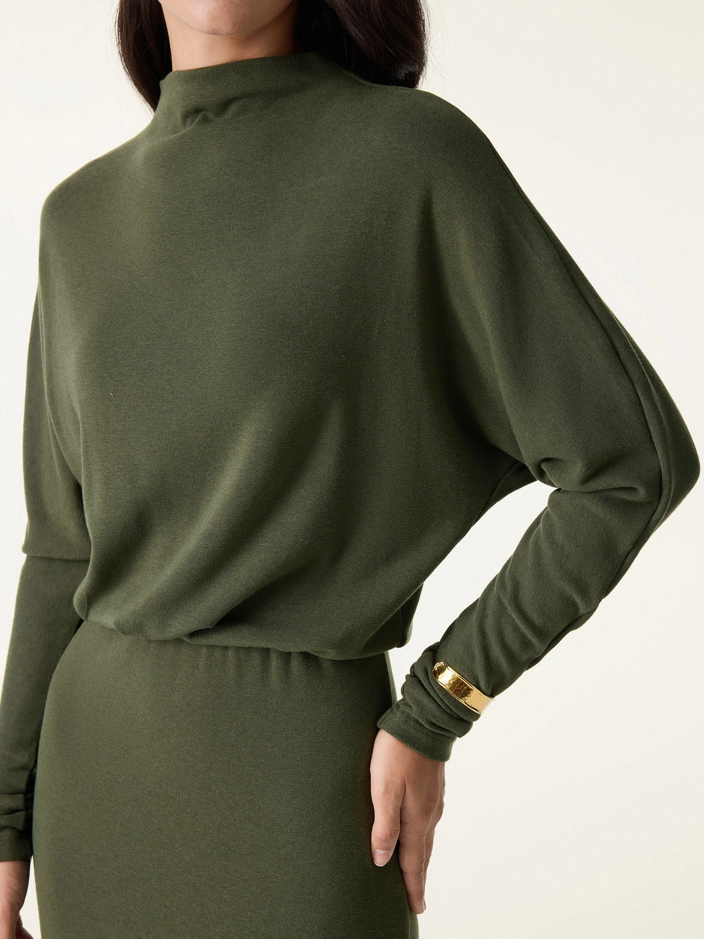 Mockneck Batwing Sleeve Cinched Waist Midi Dress sold by OGLmove product image thumbnail 5