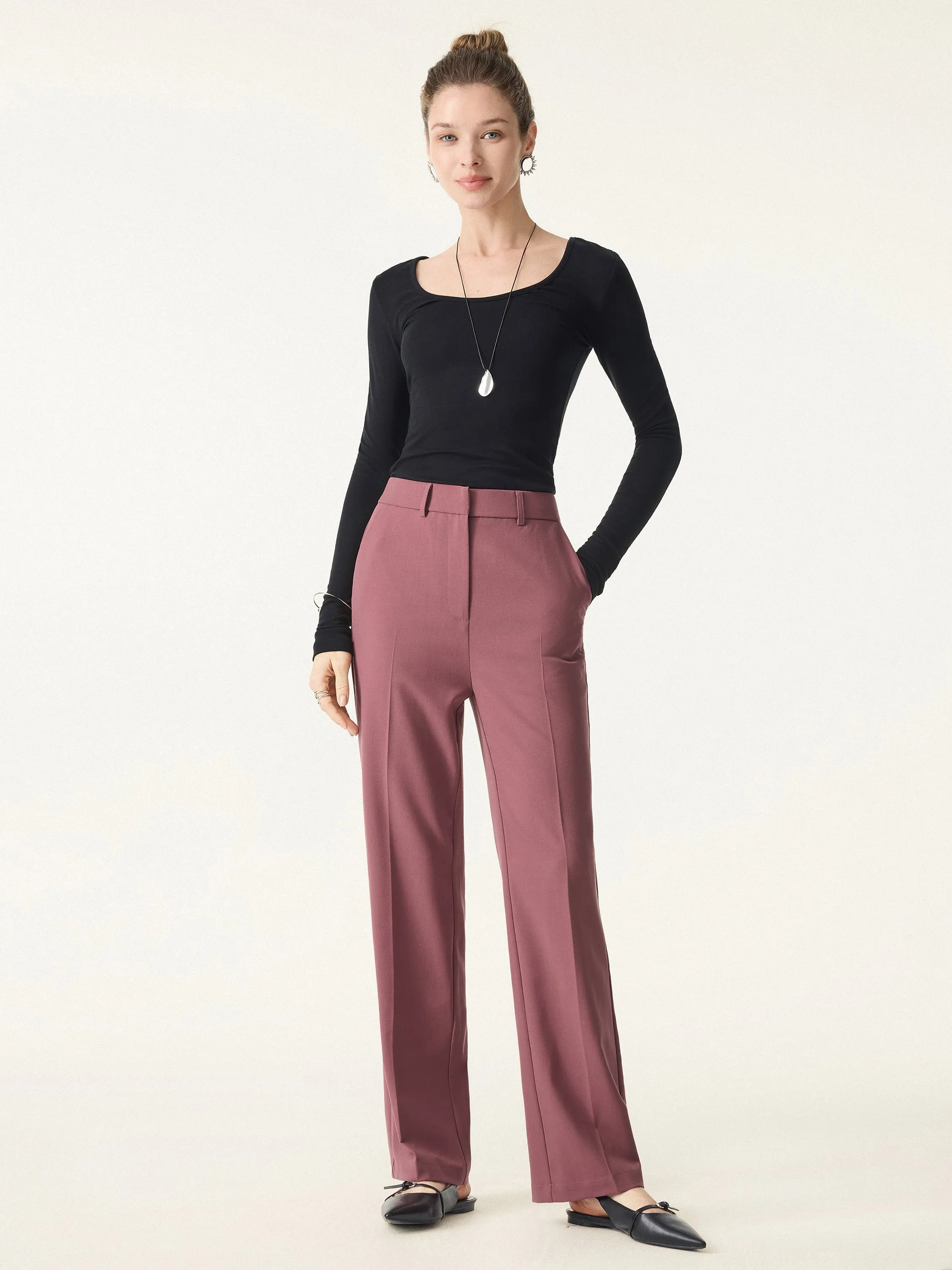 Mid Rise Straight Leg Creased Trousers with Pockets sold by OGLmove