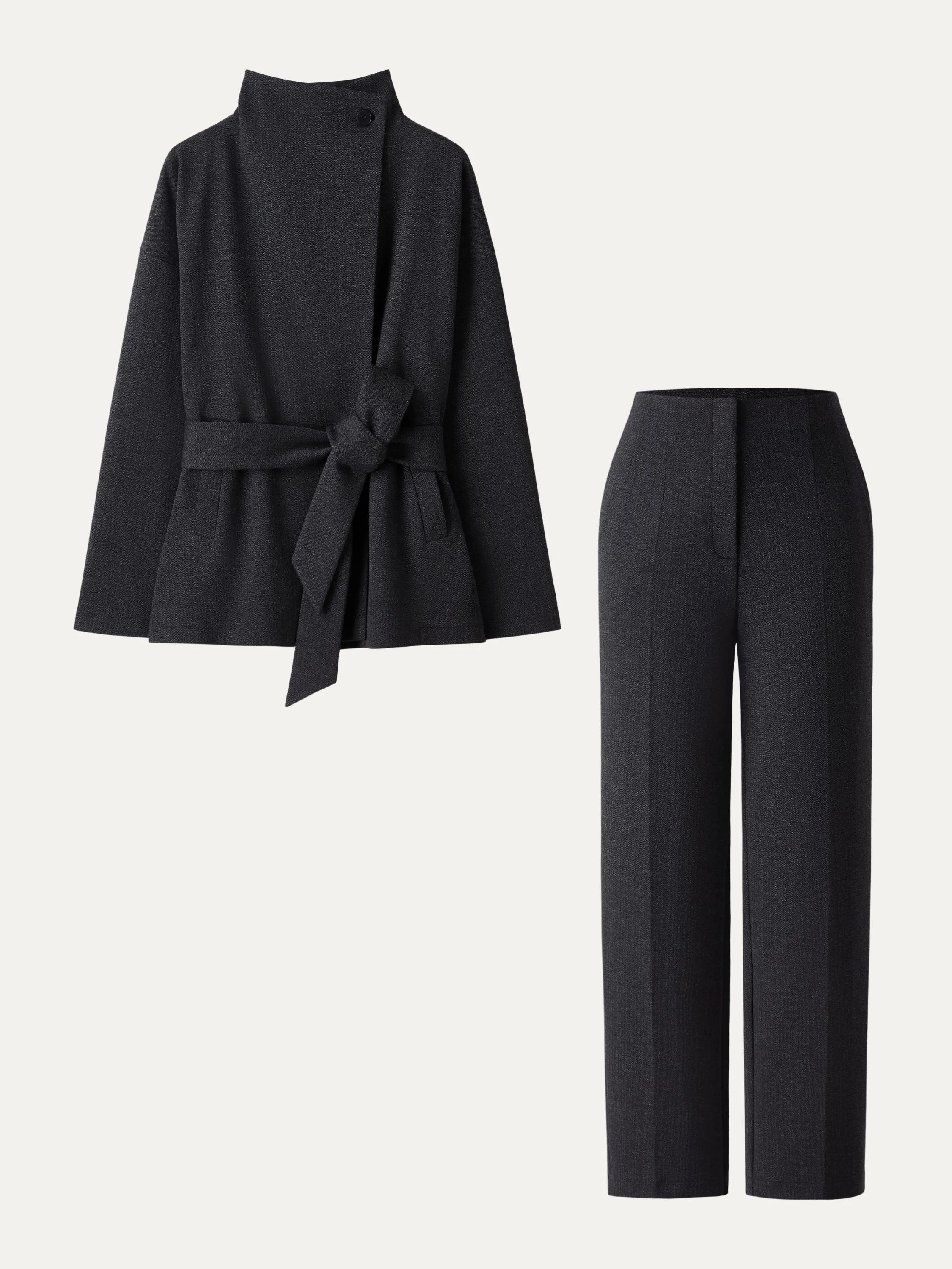 2Pcs Set Regular Tapered Trousers with Pockets & Retro Belted Jacket sold by OGLmove product image thumbnail 4