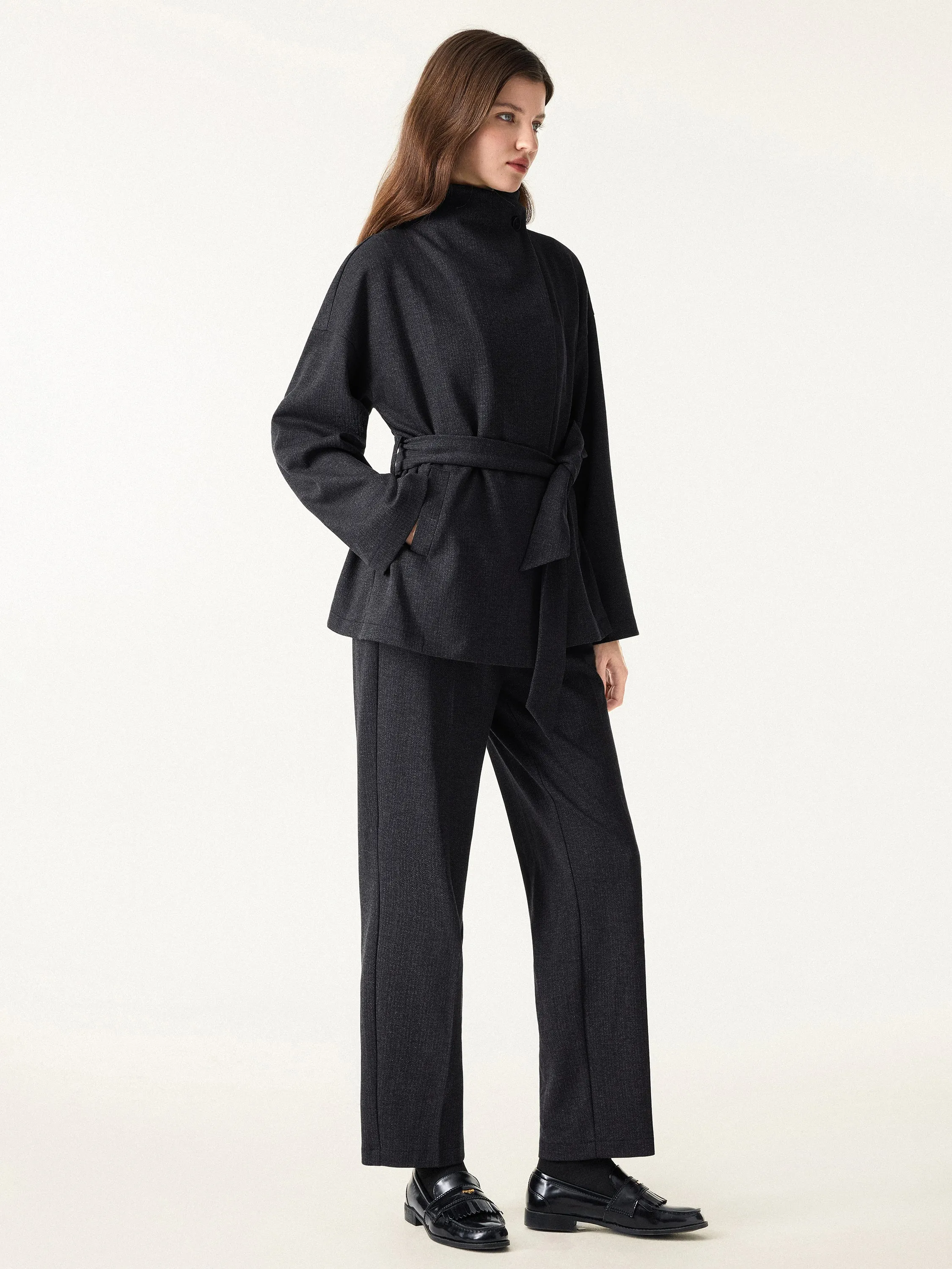 2Pcs Set Regular Tapered Trousers with Pockets & Retro Belted Jacket sold by OGLmove product image thumbnail 2