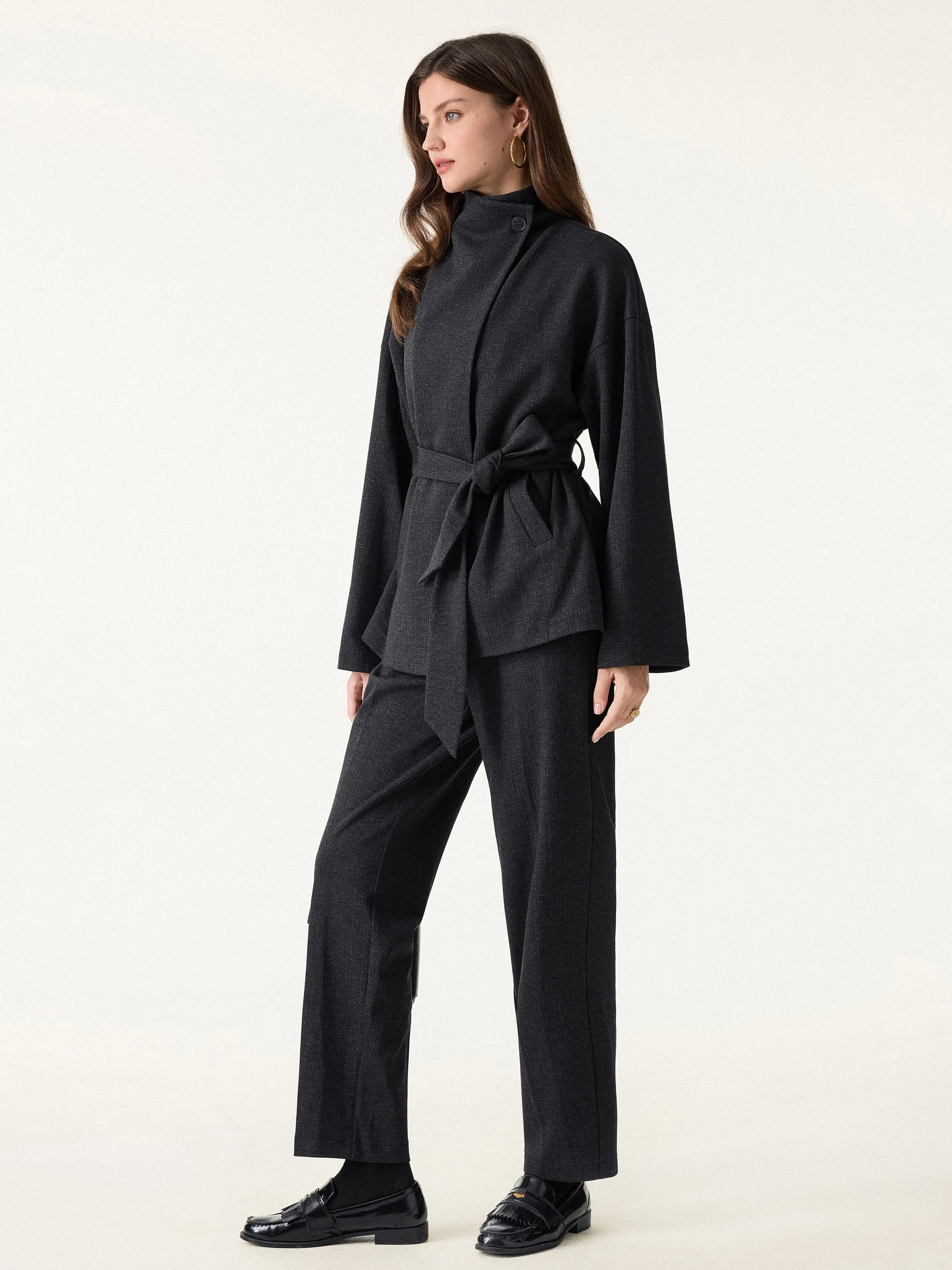 2Pcs Set Regular Tapered Trousers with Pockets & Retro Belted Jacket sold by OGLmove product image thumbnail 5