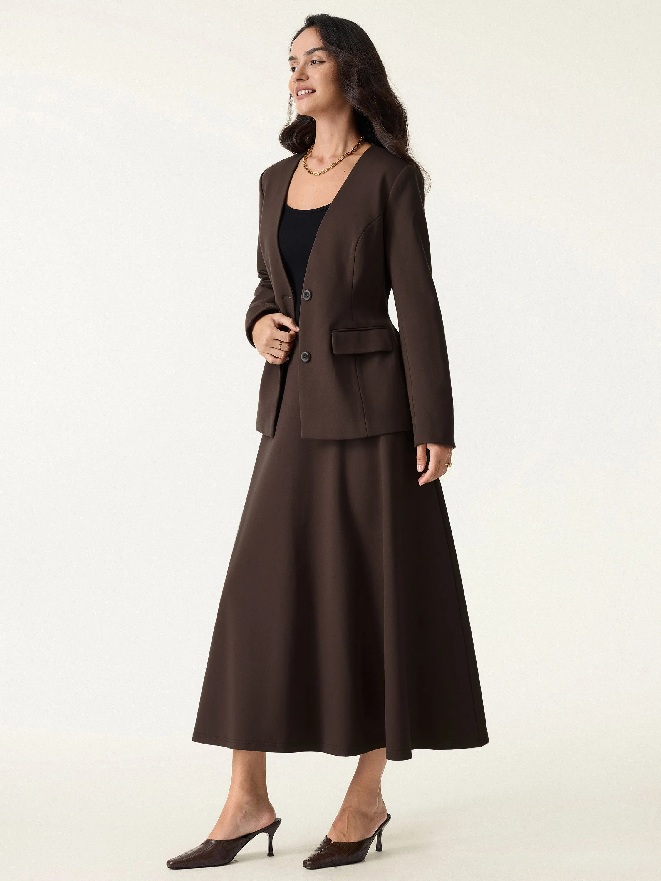 2Pcs Set Collarless V-neck Cinched Blazer & Pull-on Maxi Skirts with Pockets sold by ogl move product image thumbnail 4