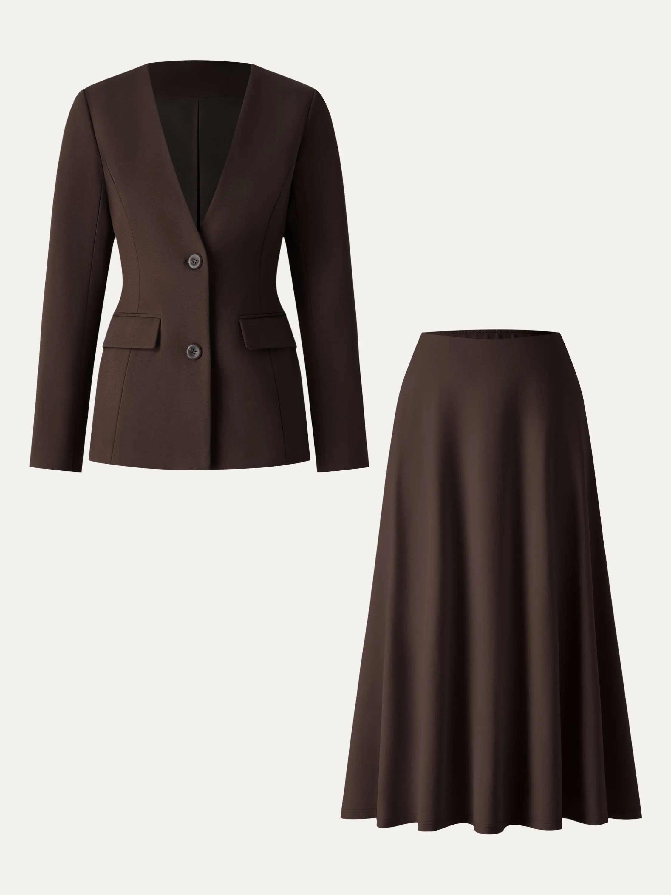 2Pcs Set Collarless V-neck Cinched Blazer & Pull-on Maxi Skirts with Pockets sold by ogl move product image thumbnail 2