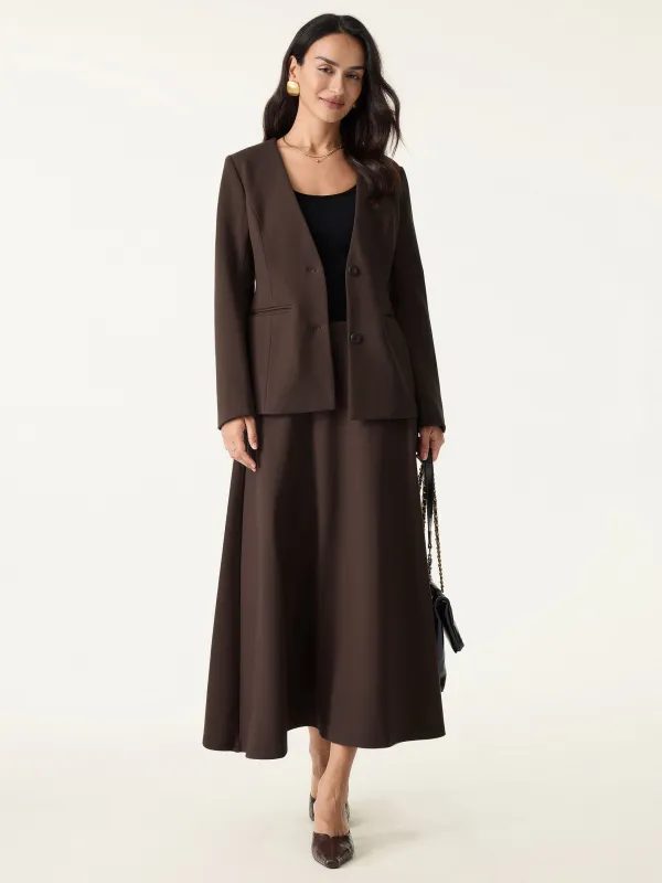2Pcs Set Collarless V-neck Cinched Blazer & Pull-on Maxi Skirts with Pockets sold by ogl move