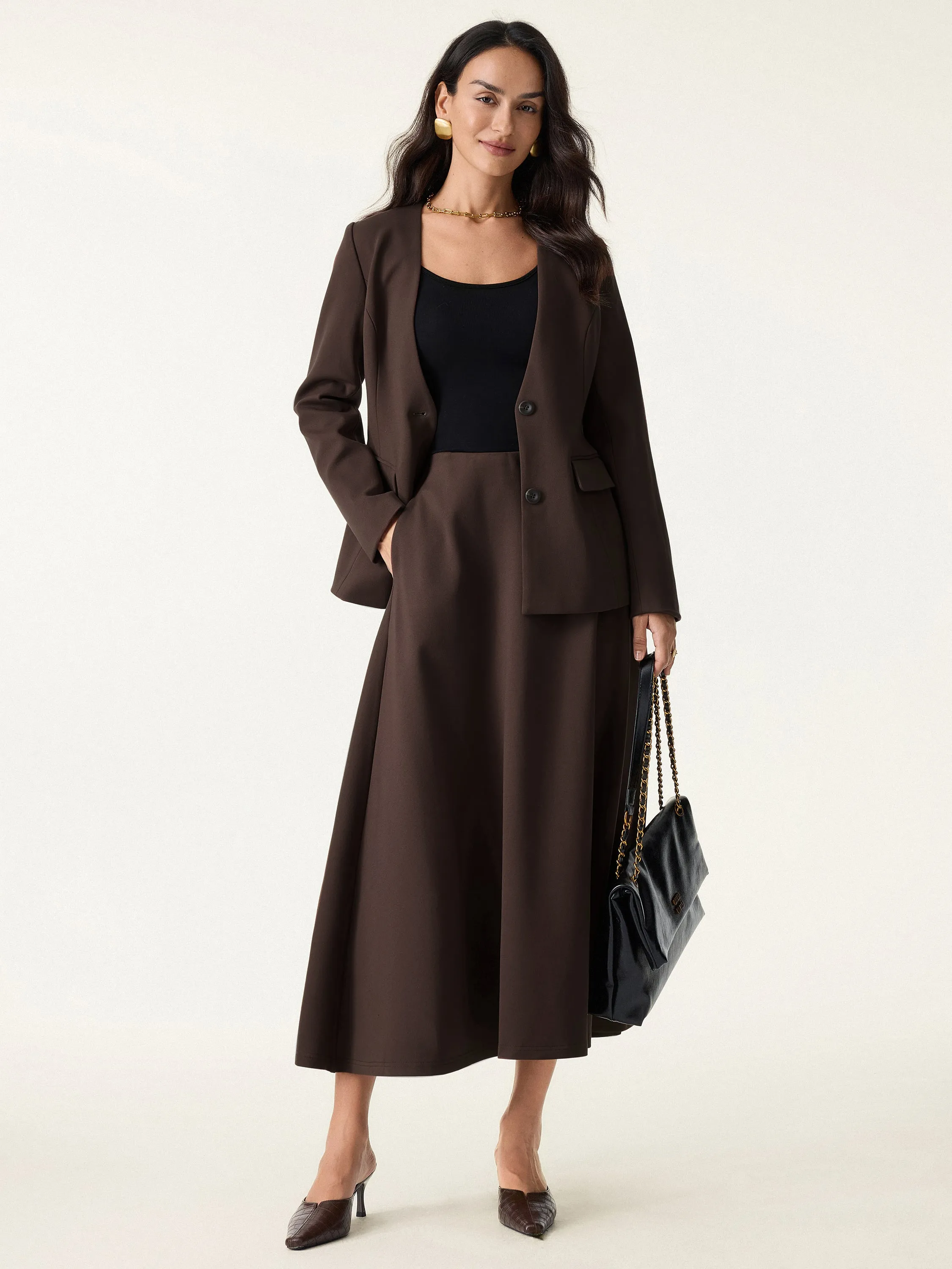 2Pcs Set Collarless V-neck Cinched Blazer & Pull-on Maxi Skirts with Pockets sold by ogl move product image thumbnail 5