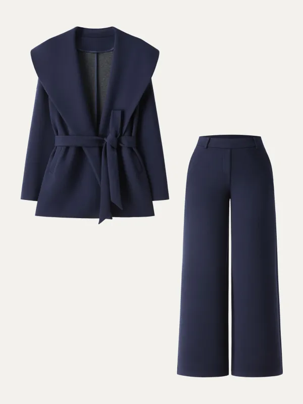 2Pcs Set Petite Straight Pants with Pockets & Belted Shawl Collar Robe Jacket sold by OGLmove
