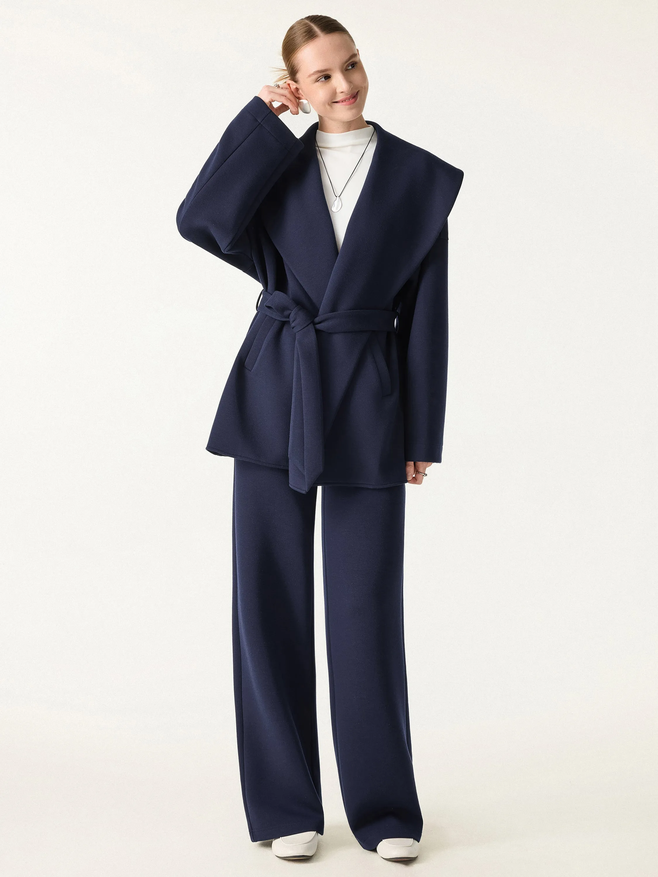 2Pcs Set Petite Straight Pants with Pockets & Belted Shawl Collar Robe Jacket sold by OGLmove product image thumbnail 3