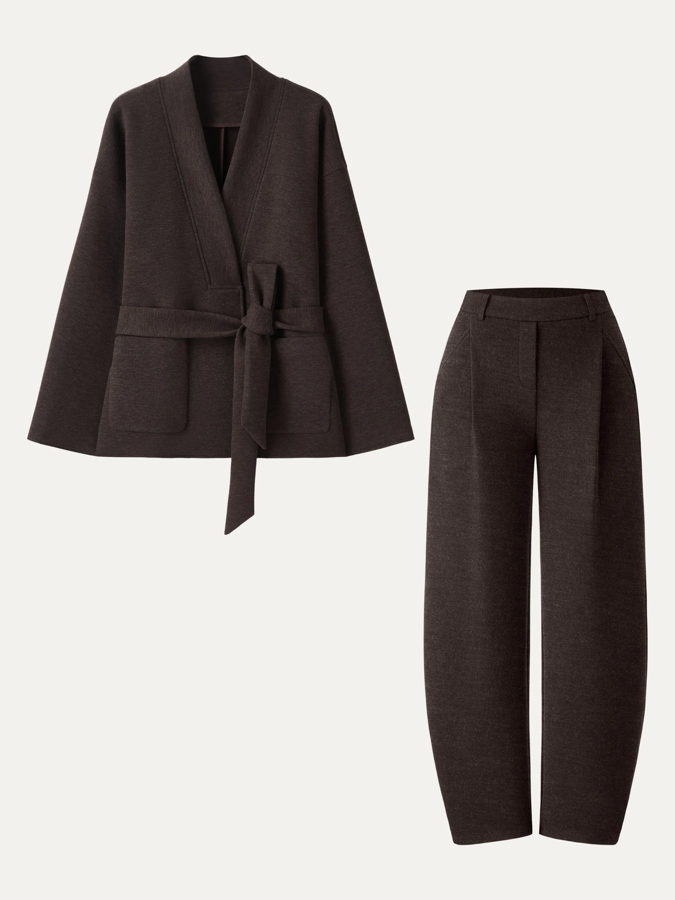 2Pcs Set Belted Robe Style Coat with Pockets & Mid Rise Barrel Leg Pull-on Pants sold by OGLmove product image thumbnail 2