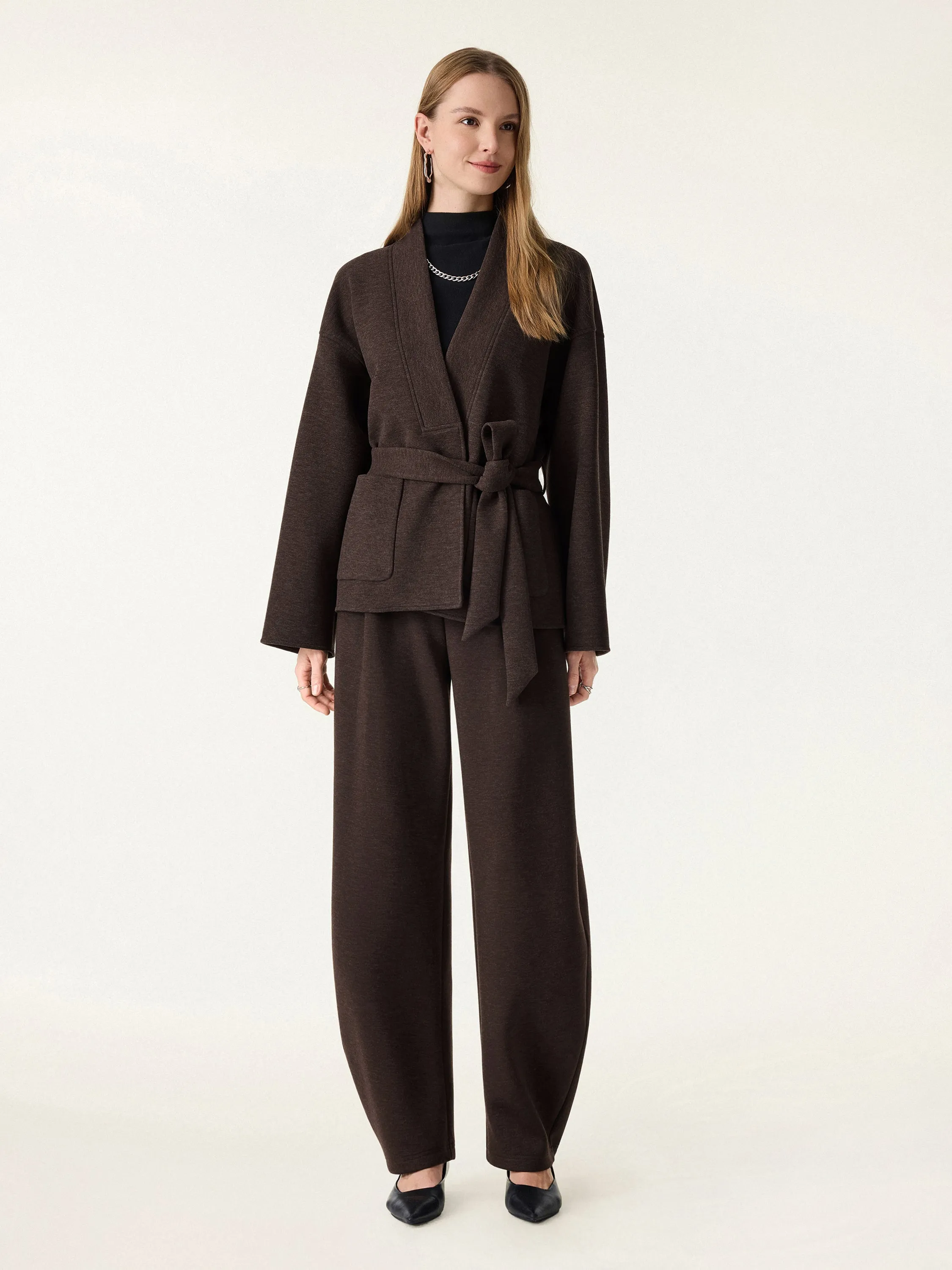 2Pcs Set Belted Robe Style Coat with Pockets & Mid Rise Barrel Leg Pull-on Pants sold by OGLmove product image thumbnail 4